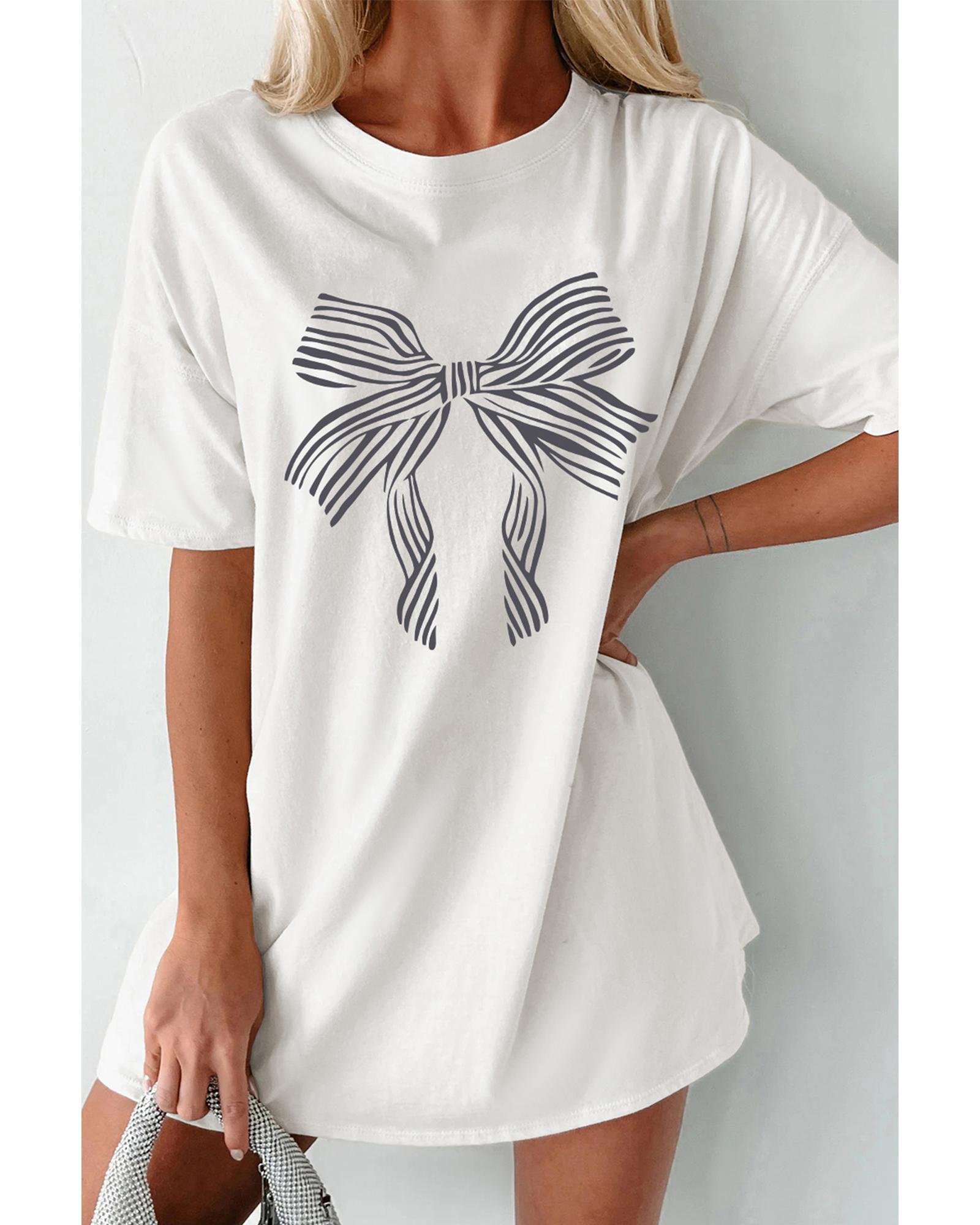 V539-AZEXDC25226096-P101-M-202508272310-00 White Striped Bow Knot Half Sleeve Tunic T Shirt - M - Image 1