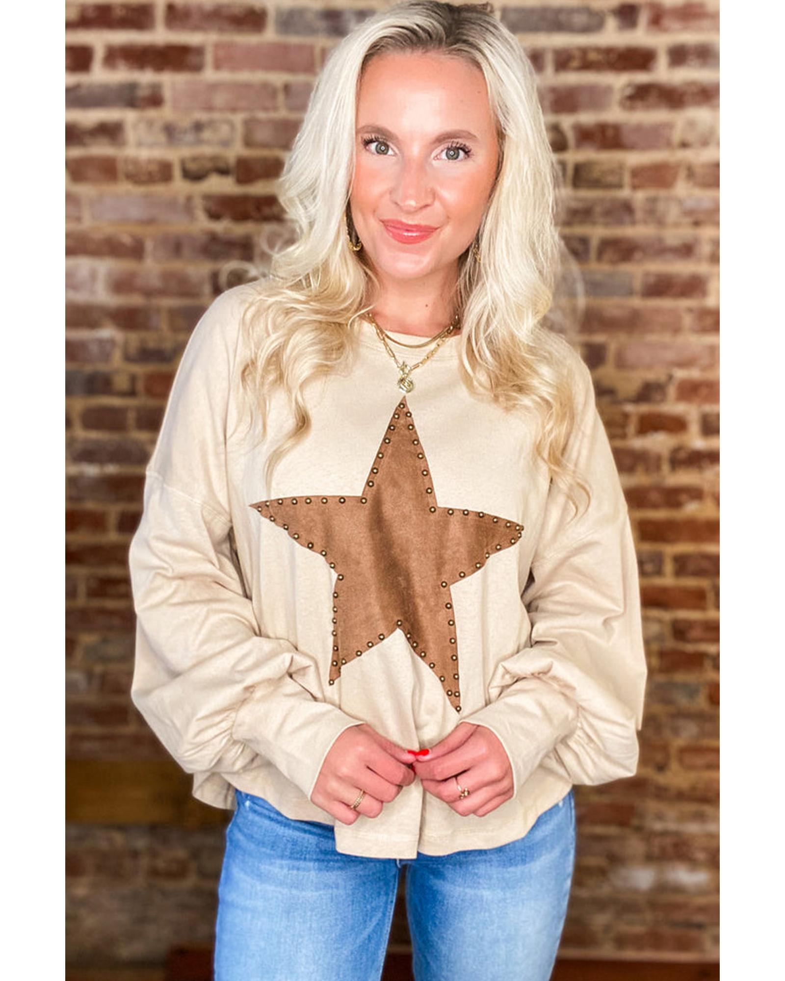 V539-AZEXDC25226147-P18-S-202506121921-00 Apricot Studded Star Graphic Oversized Long Sleeve Top - S - Image 1