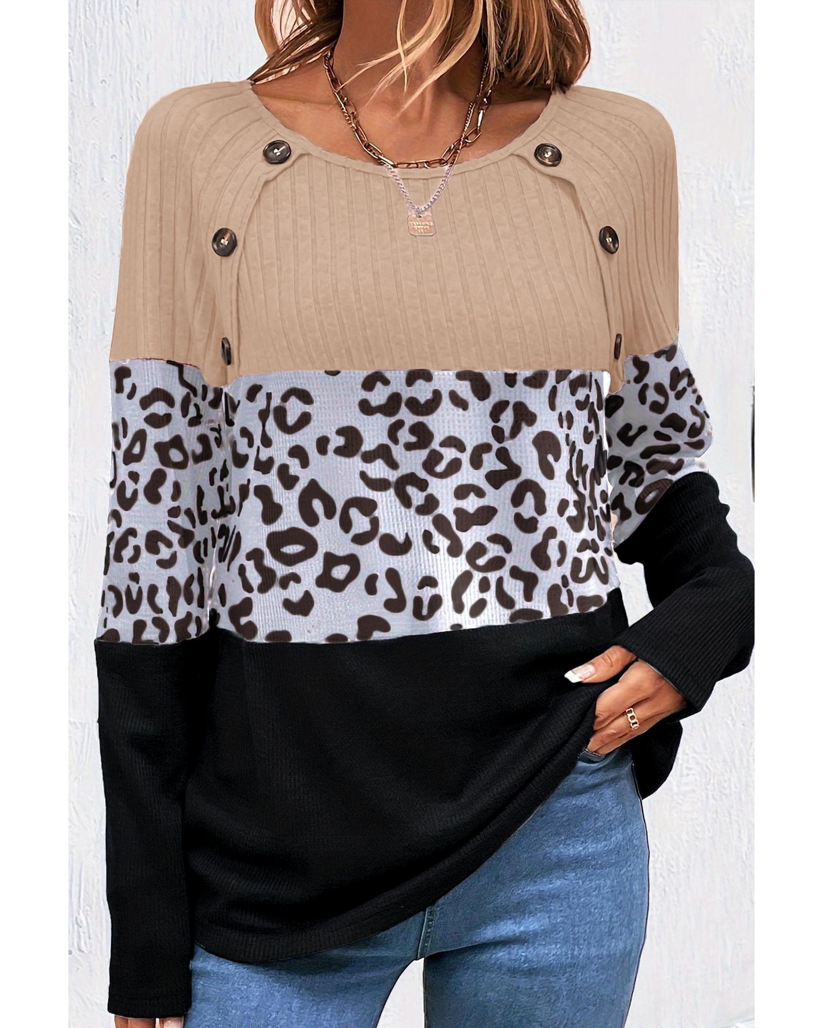 V539-AZEXDC25226182-P222-XL-202508270225-00 Black Cheetah Textured Patchwork Buttoned Round Neck T Shirt - XL - Image 1