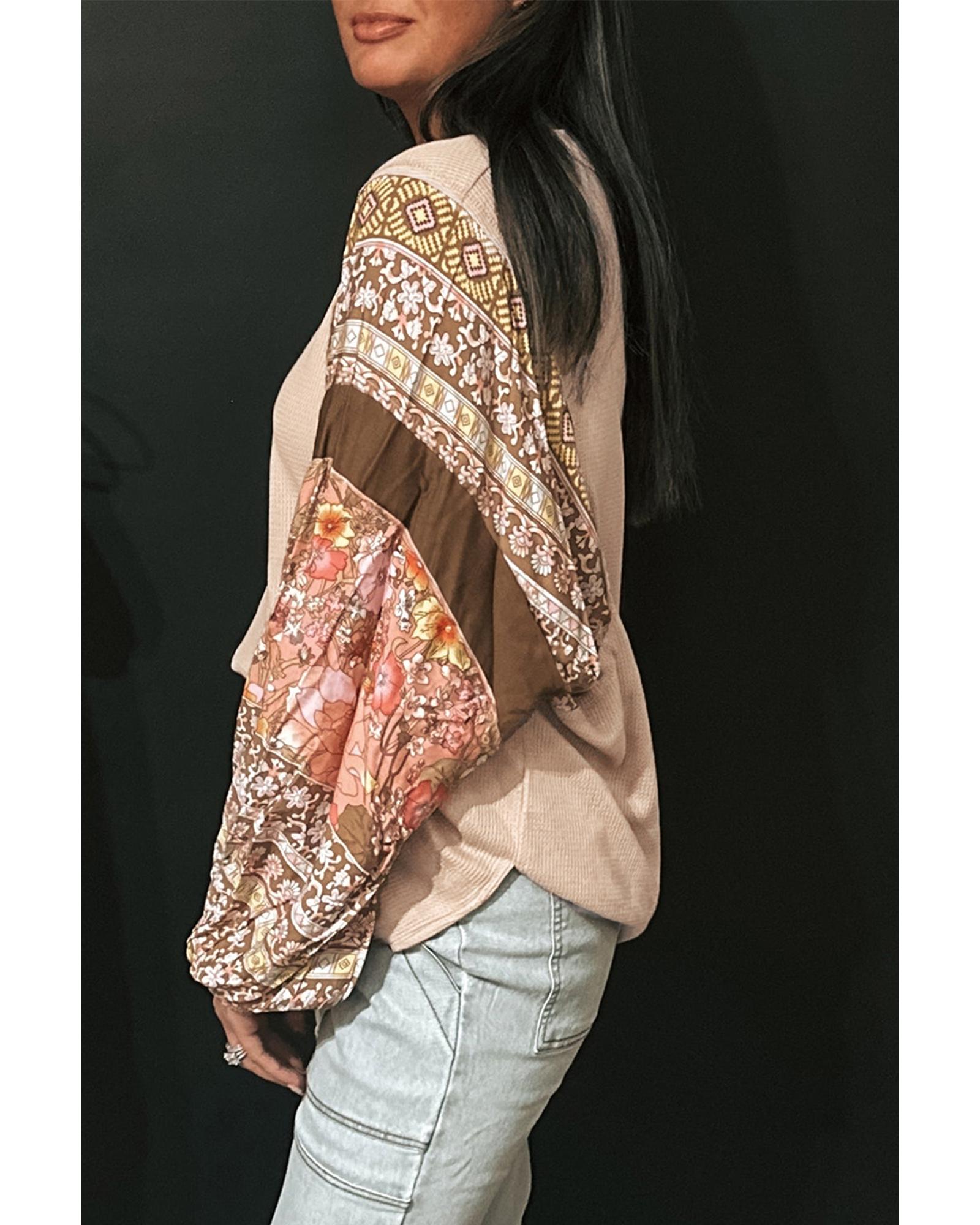 V539-AZEXDC25226220-P6016-S-202506121927-00 Parchment Contrast Floral Patchwork Puff Sleeve Waffle Knit Top - S - Image 1