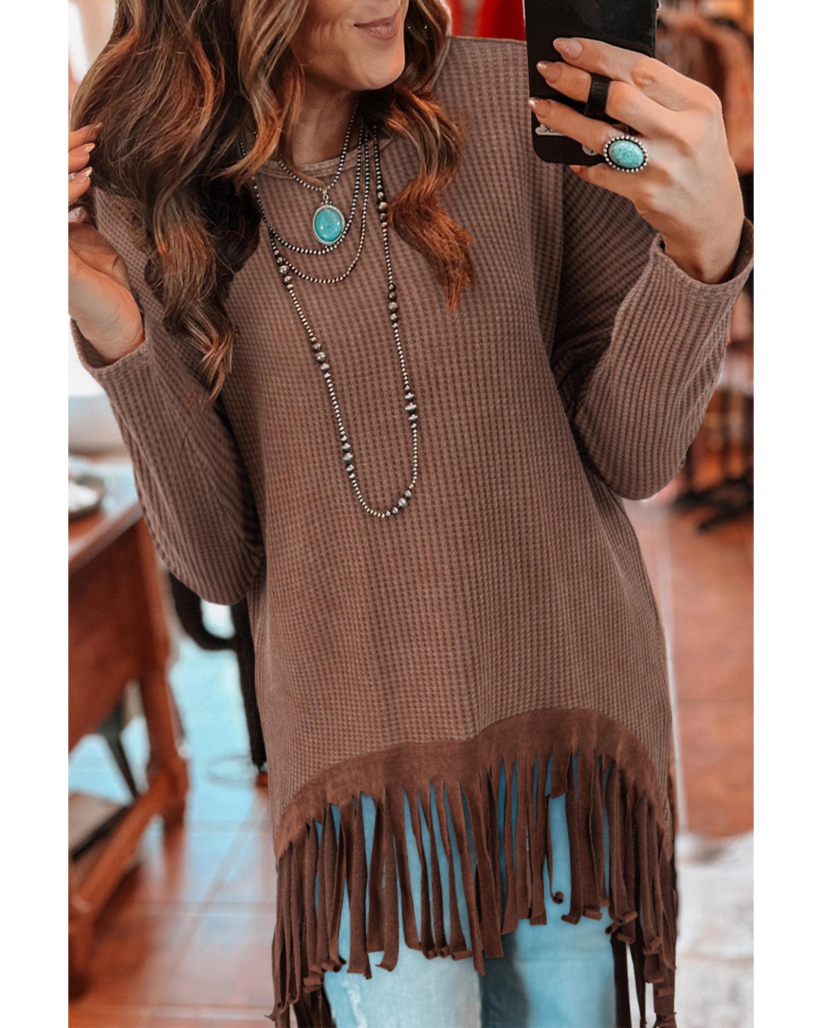 V539-AZEXDC25226284-P1017-L-202508270915-00 Coffee Waffle Knit Fringed High Low Loose Top - L - Image 1