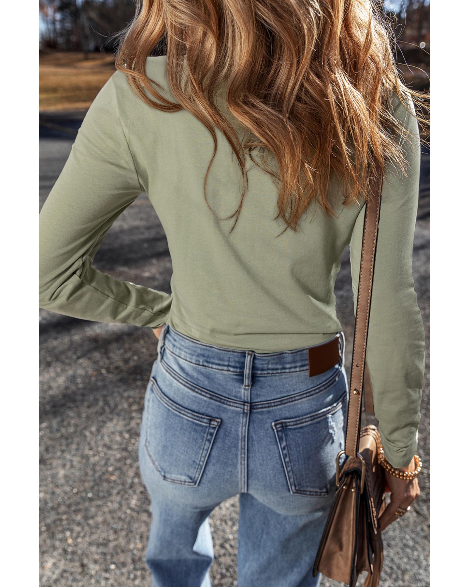 V539-AZEXDC25226304-P1209-L-202506121952-00 Laurel Green Long Sleeve Buttons V Neck Slim Fit Top - L - Image 1