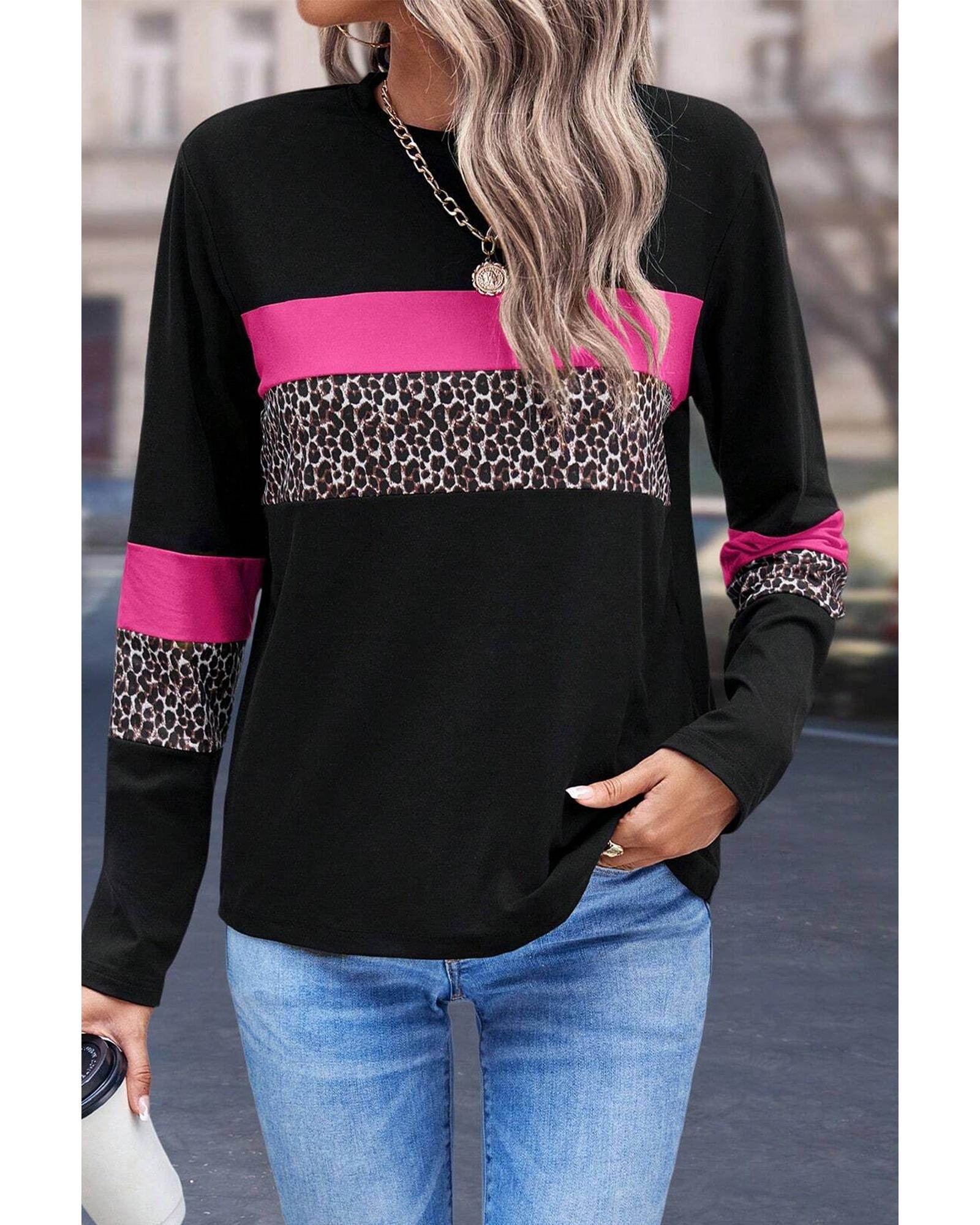 V539-AZEXDC25226317-P620-L-202508272240-00 Rose Leopard Colorblock Patchwork Crew Neck Long Sleeve Tee - L - Image 1