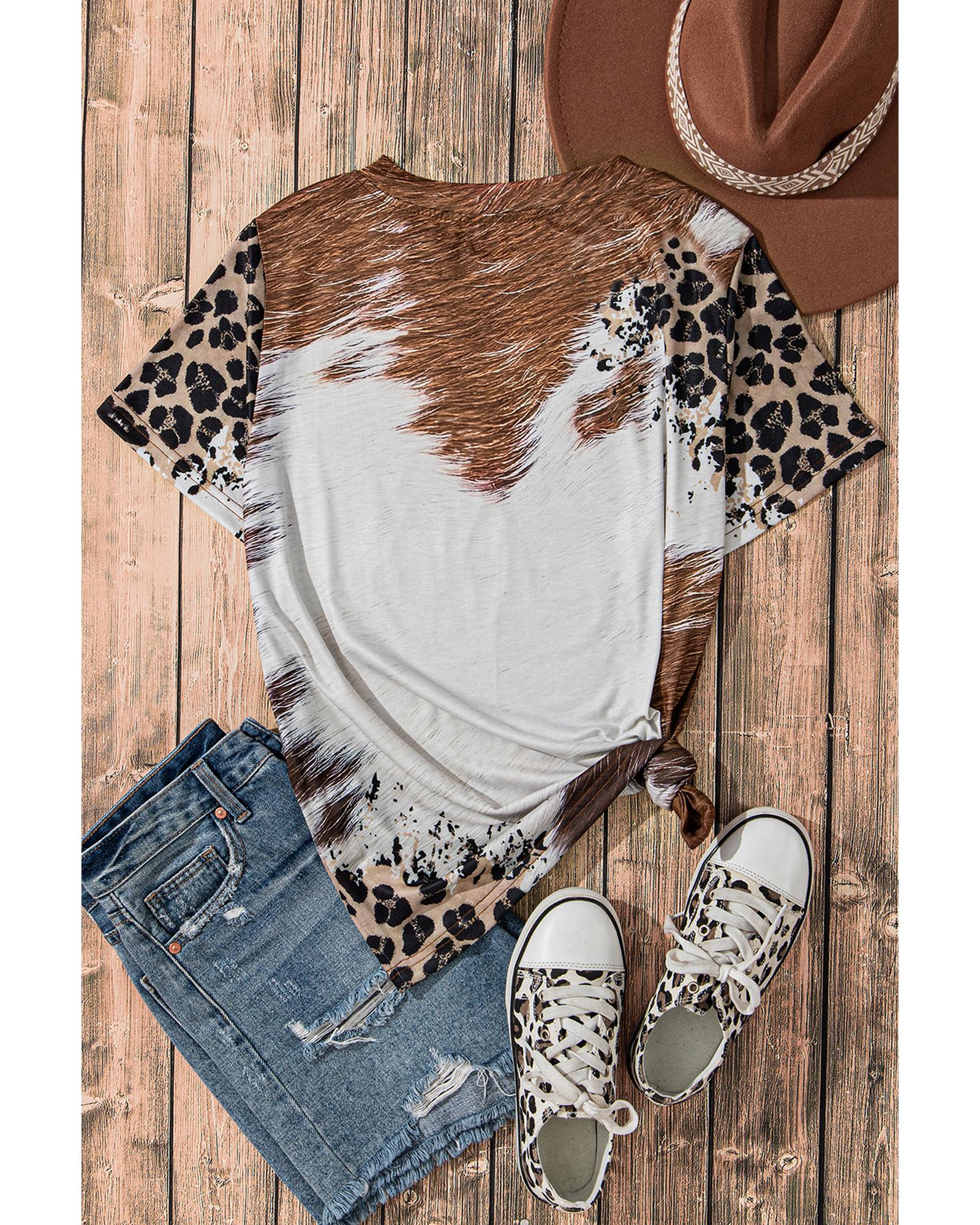 V539-AZEXDC25226337-P2017-S-202506122025-00 Chestnut Leopard Bleached Sunflower Graphic Crewneck T Shirt - S - Image 1