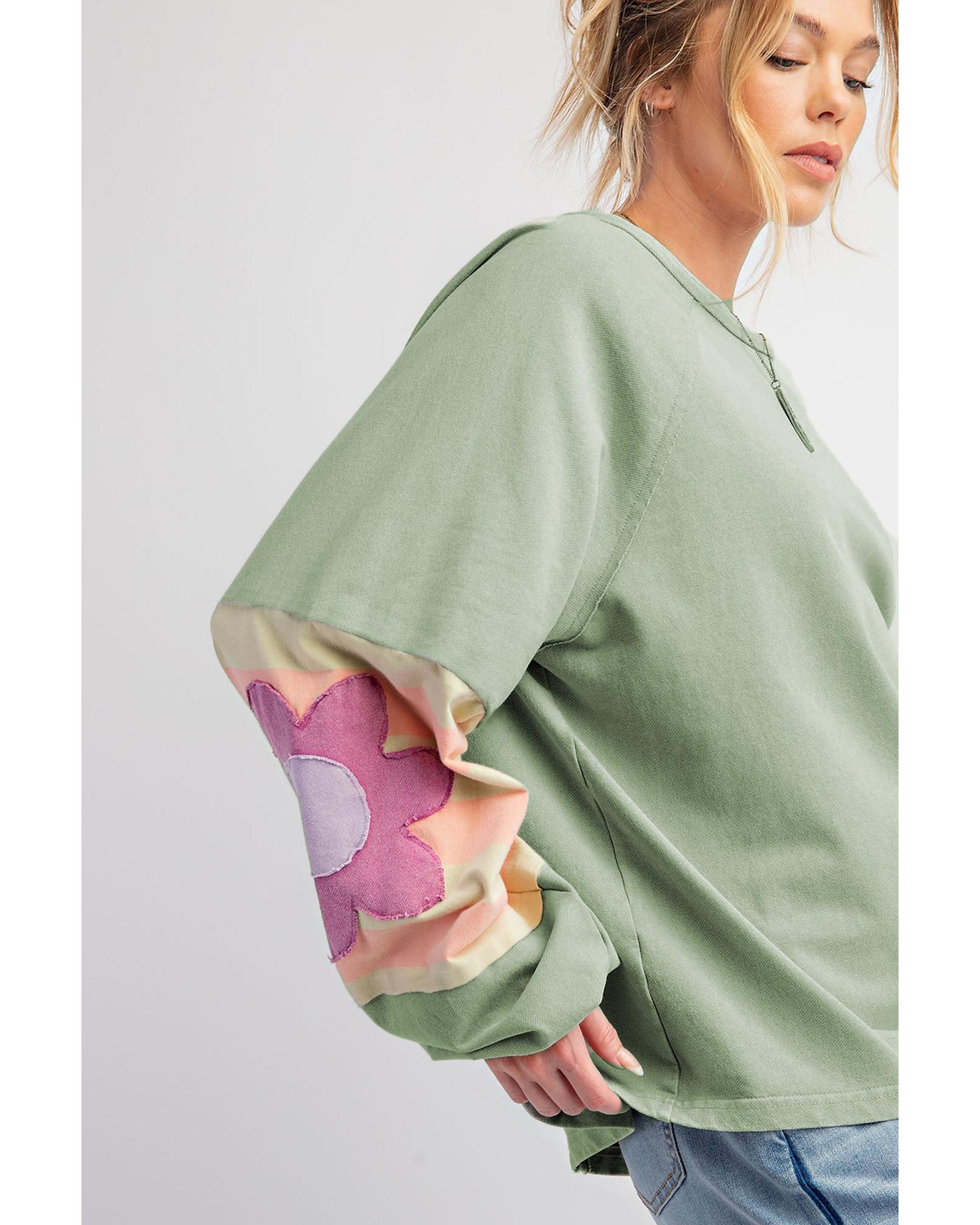 V539-AZEXDC25226485-P2809-L-202508271000-00 Smoke Green Flower Patchwork Raglan Sleeve Exposed Seam Oversized Top - L - Image 1