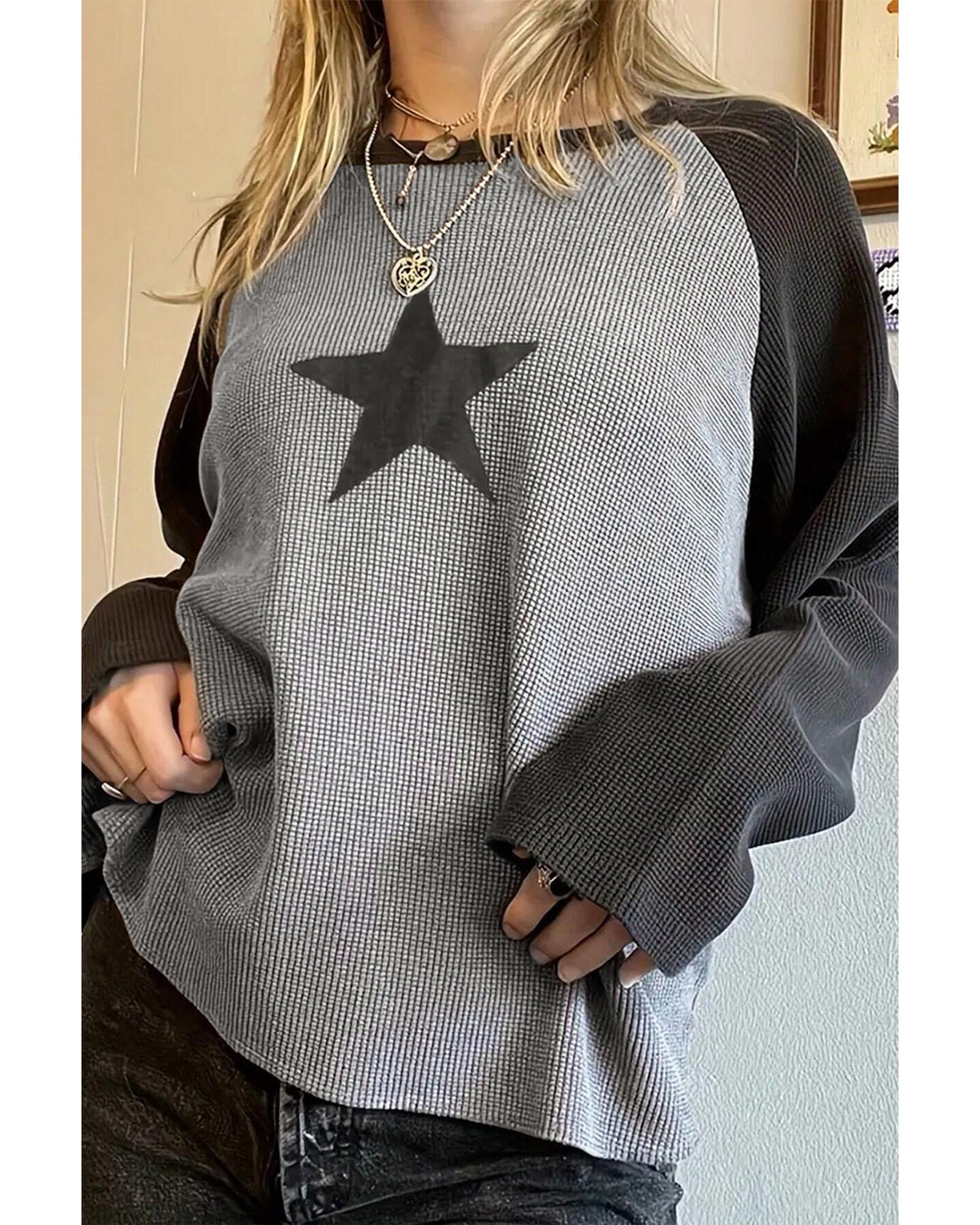 V539-AZEXDC25226590-P6011-S-202506121541-00 High Waffle Knit Colorblock Star Patch Graphic Raglan Top - S - Image 1