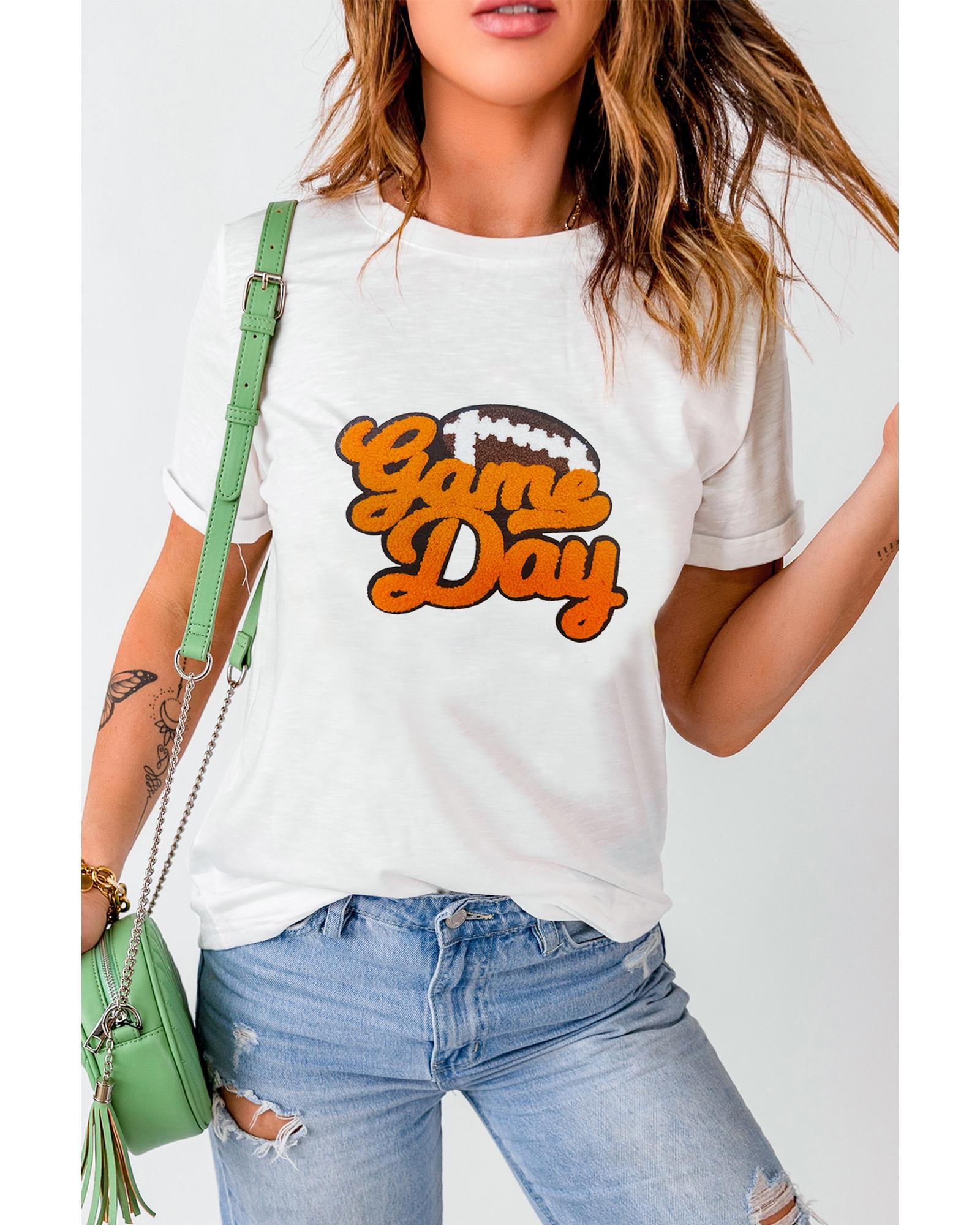 V539-AZEXDC25226663-1-M-202508271635-00 White Chenille Game Day Rugby Football Pattern Crewneck T Shirt - M - Image 1