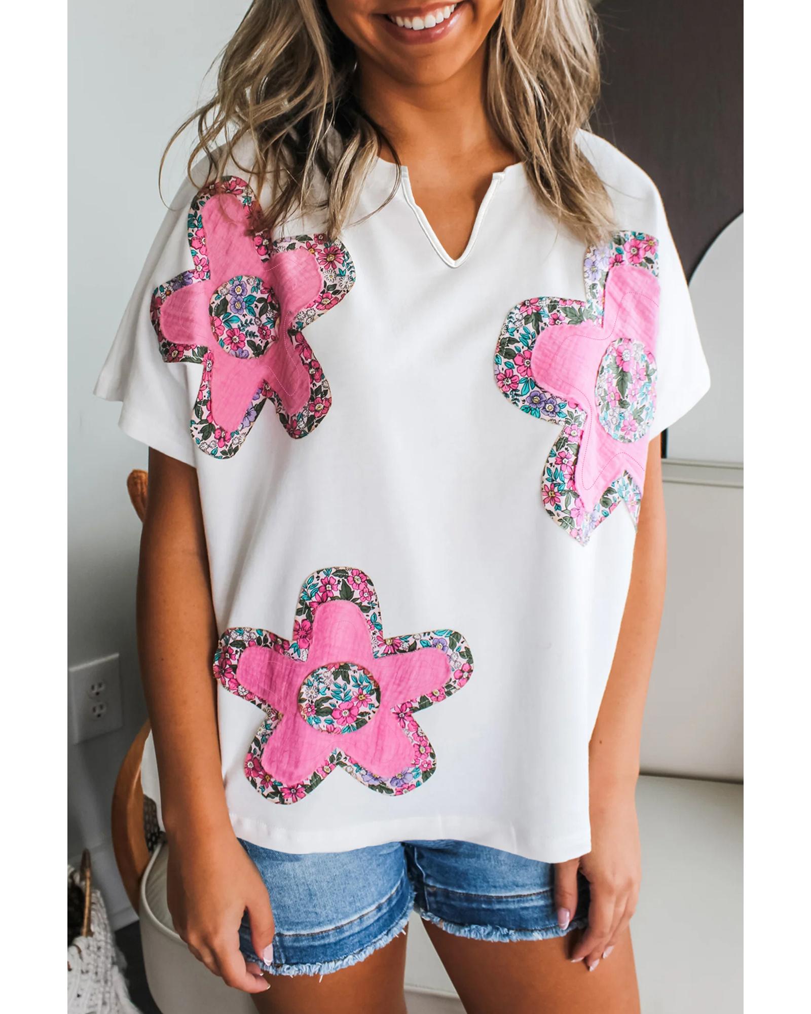 V539-AZEXDC25226714-P1-M-202508271840-00 White Floral Applique Notched V Neck Dolman Sleeve Top - M - Image 1