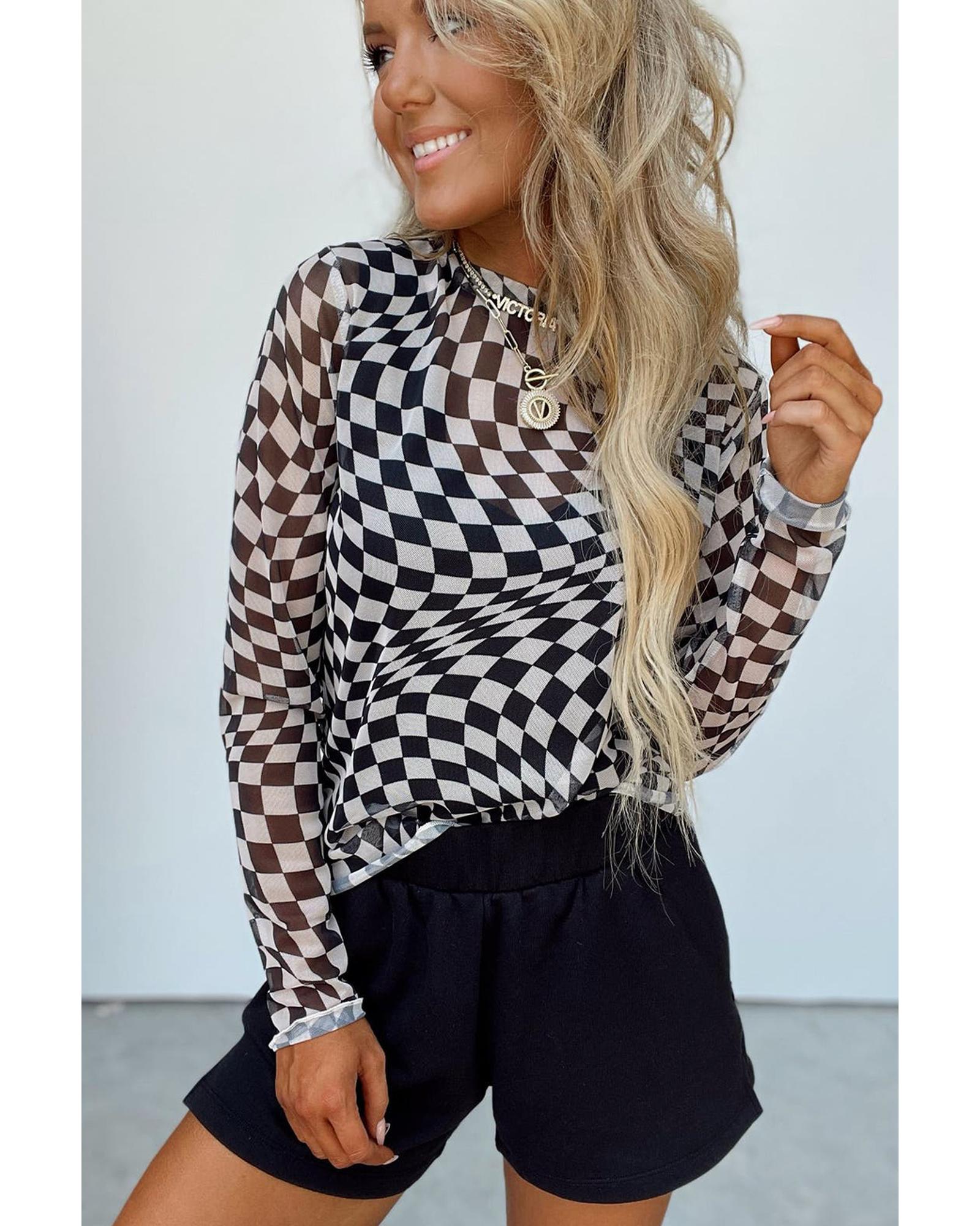 V539-AZEXDC25226716-P220-M-202508270850-00 Black Checkered Pattern Mesh Mock Neck Long Sleeve Top - M - Image 1