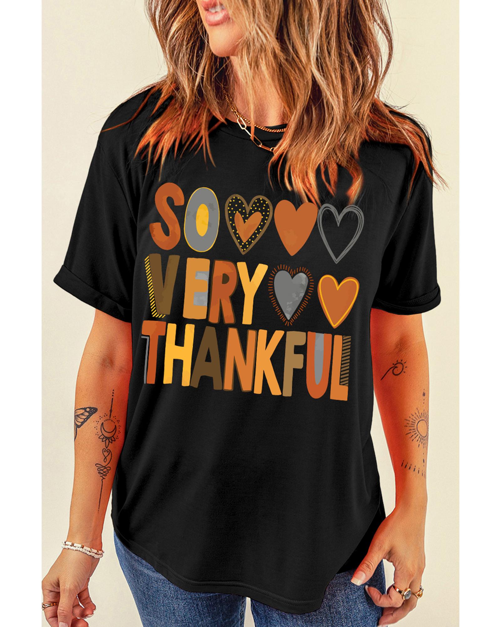 V539-AZEXDC25226722-2-2XL-202508271620-00 Black So Very Thankful Heart Printed Crewneck Thanksgiving T Shirt - 2XL - Image 1