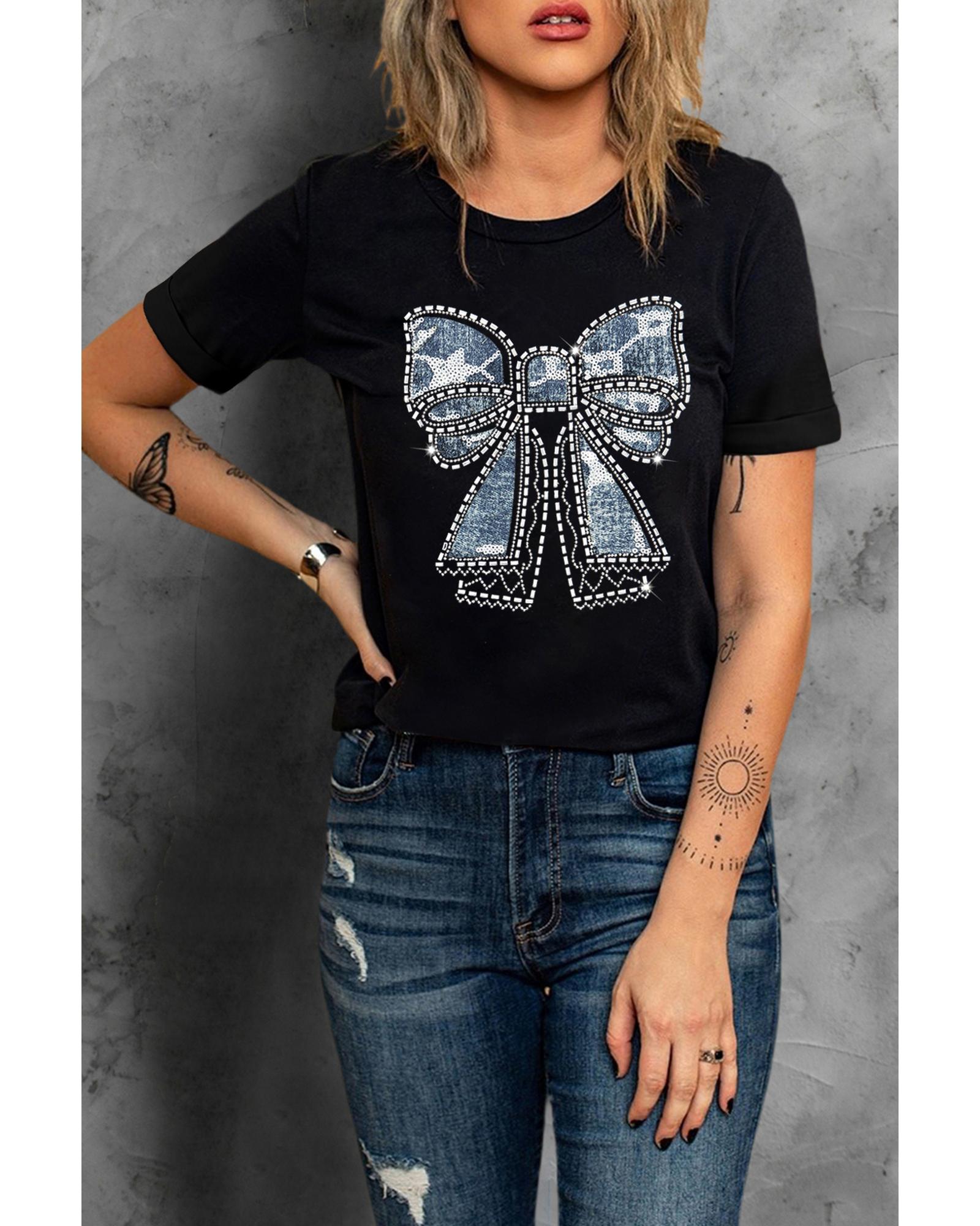 V539-AZEXDC25226736-2-XL-202508271115-00 Black Rhinestone Bowknot Graphic Crewneck T Shirt - XL - Image 1