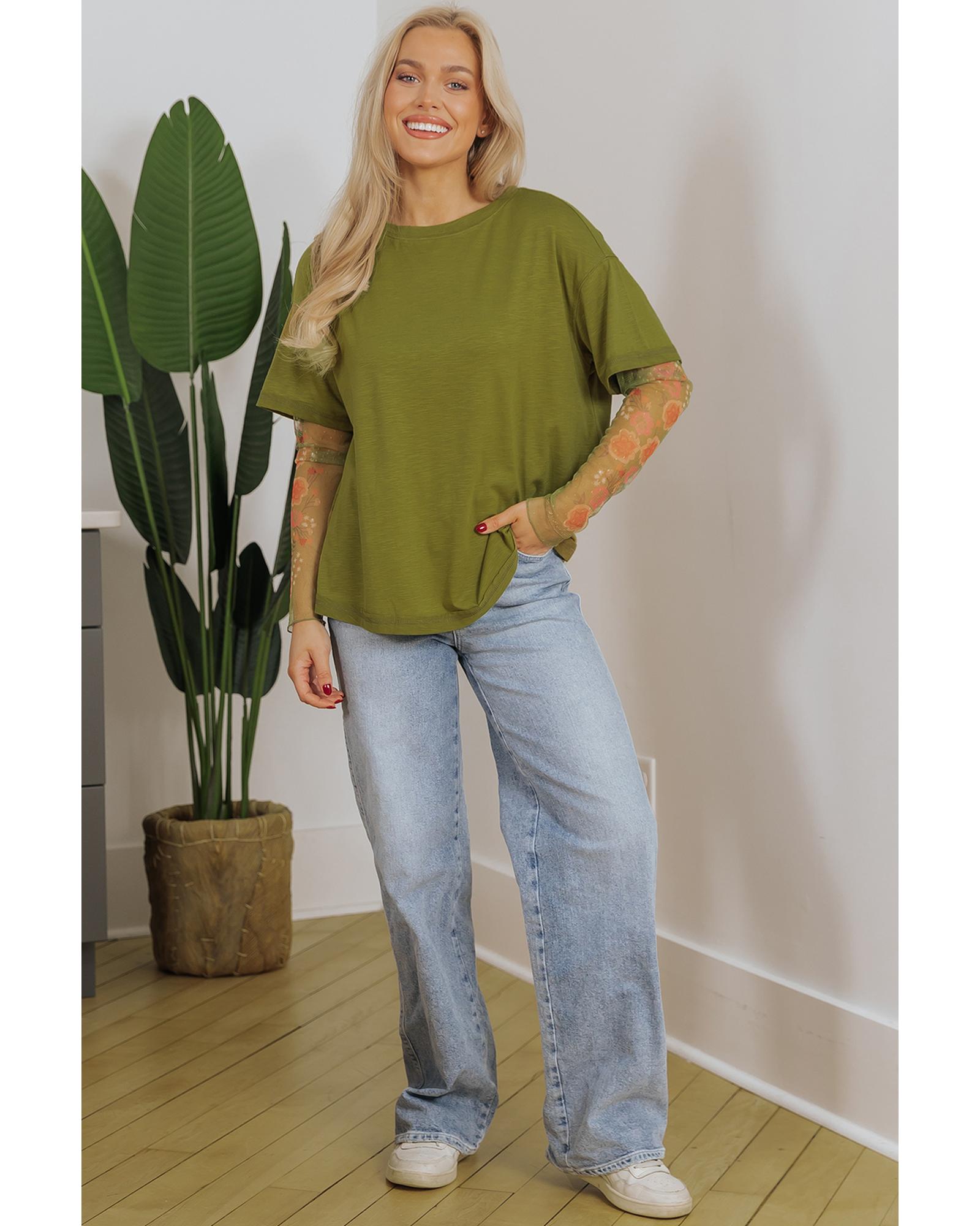 V539-AZEXDC25226742-P2109-S-202506121825-00 Fern Green Faux Two Piece Floral Long Sleeve Patchwork Tee - S - Image 1