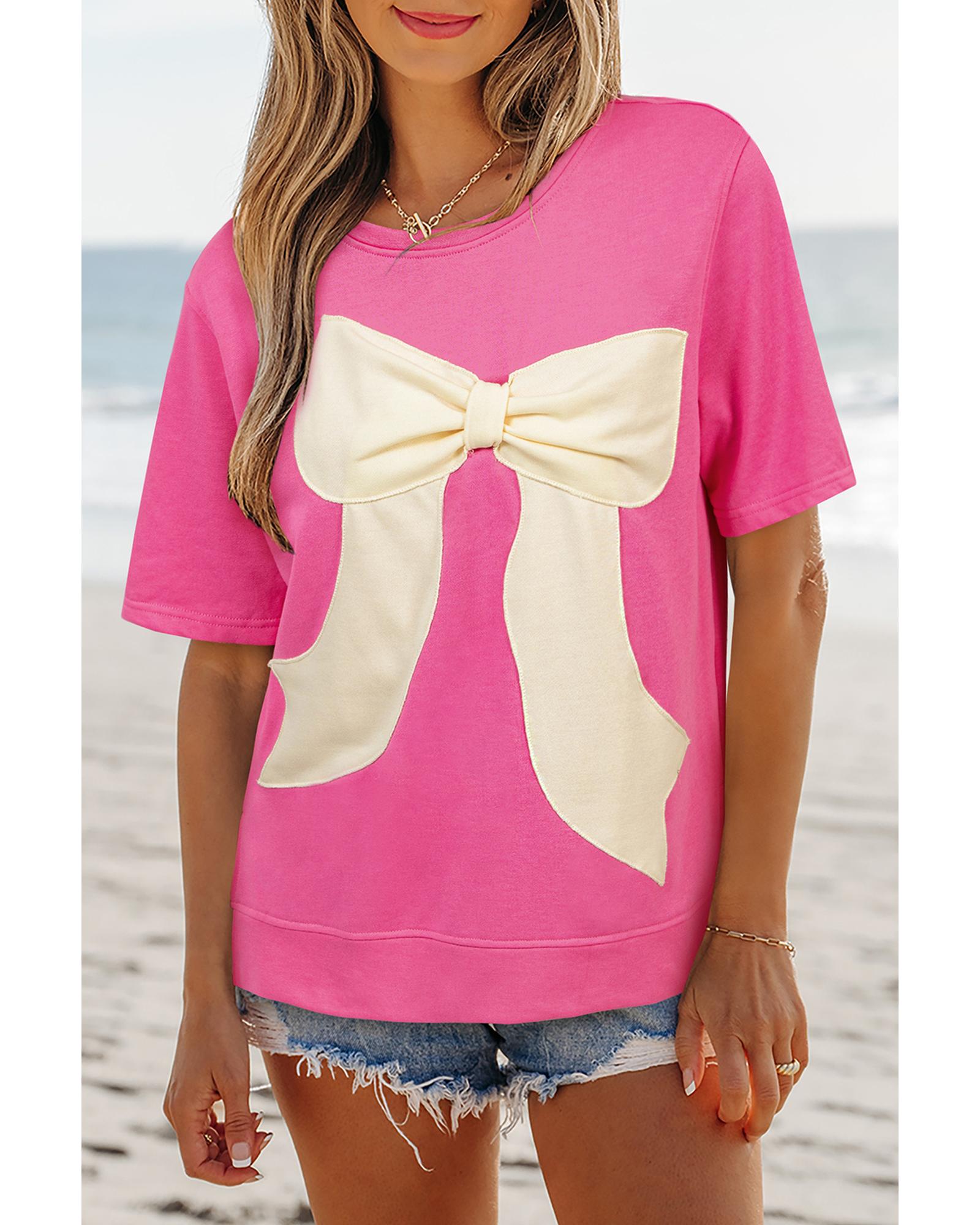 V539-AZEXDC25226746-P306-L-202508270405-00 Strawberry Pink Contrasting Color Ribbon Bow Front Patch Loose Tee with Slits - L - Image 1