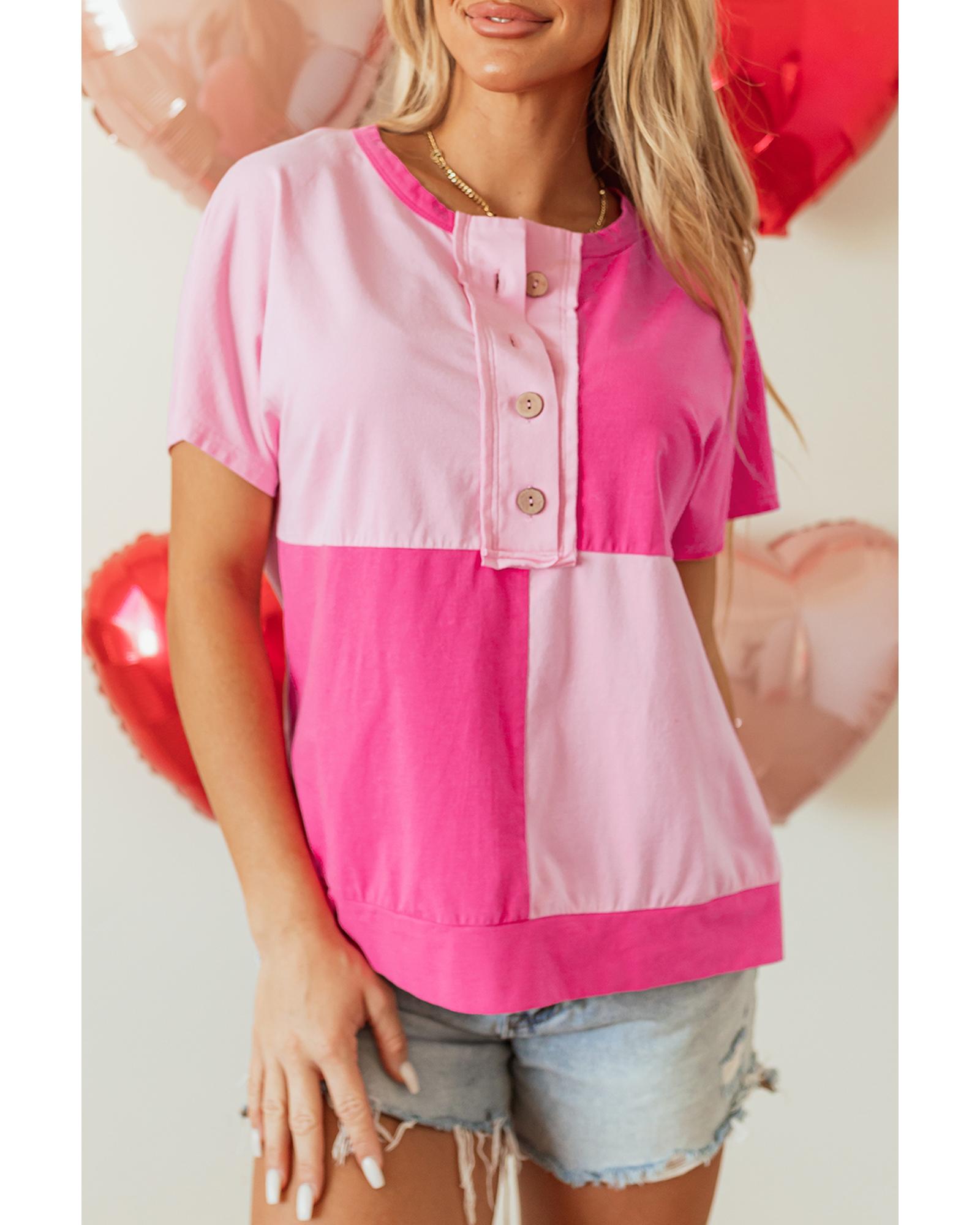 V539-AZEXDC25226756-P10-L-202508271725-00 Pink Two Tone Half Buttons Collared T Shirt - L - Image 1