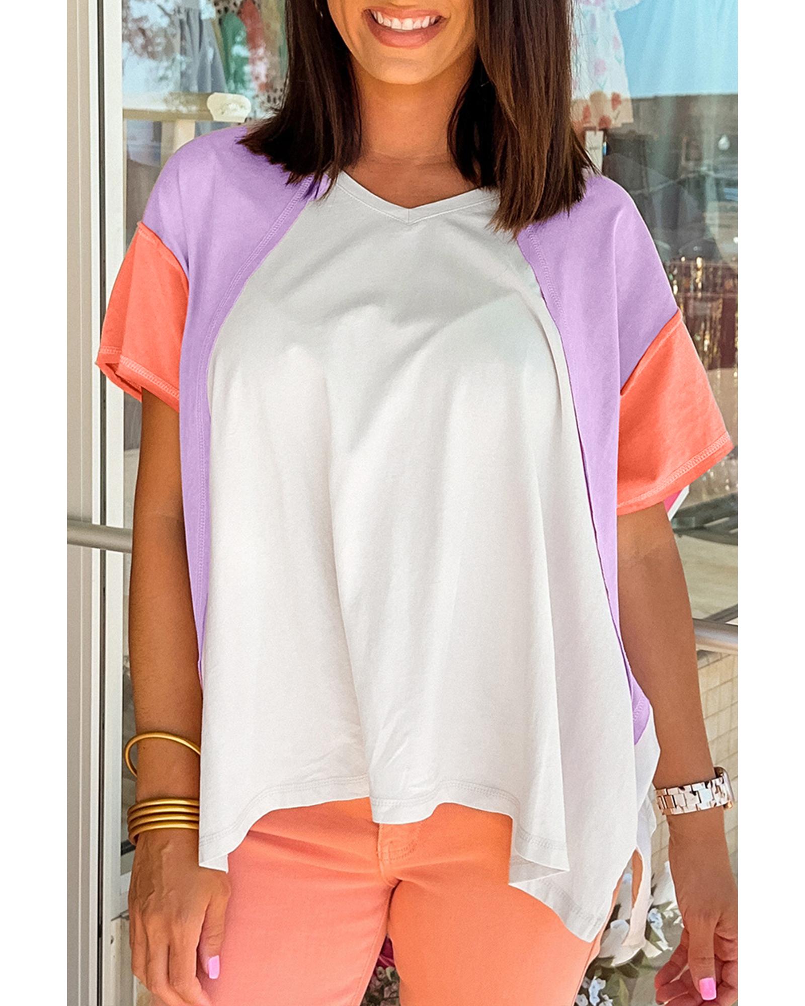 V539-AZEXDC25226762-P1522-M-202508271735-00 Beige Colorblock Patchwork V Neck Exposed Seam High Low T Shirt - M - Image 1