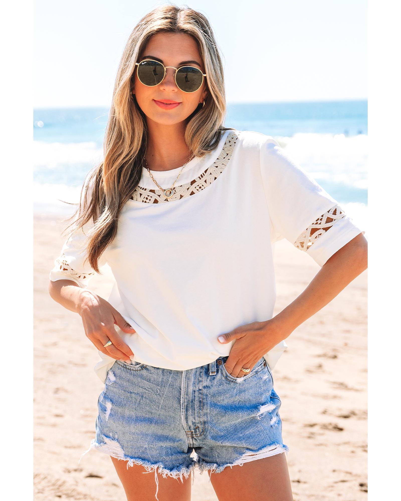 V539-AZEXDC25226765-P1-M-202508272125-00 White Lace Crochet Crew Neck Casual T Shirt - M - Image 1