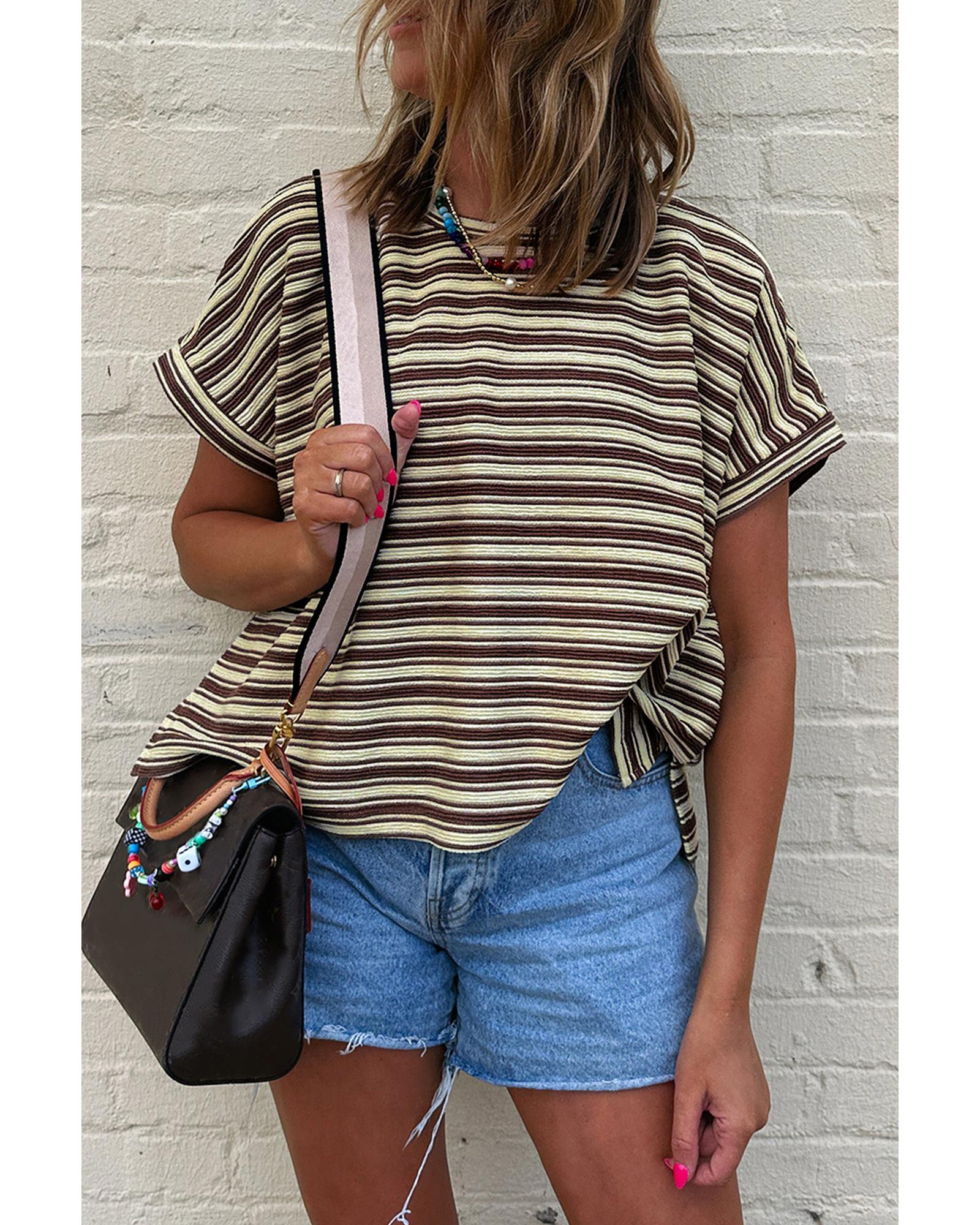 V539-AZEXDC25226766-P1719-XL-202508270655-00 Brown Stripe Textured Side Slits Crew Neck T Shirt - XL - Image 1