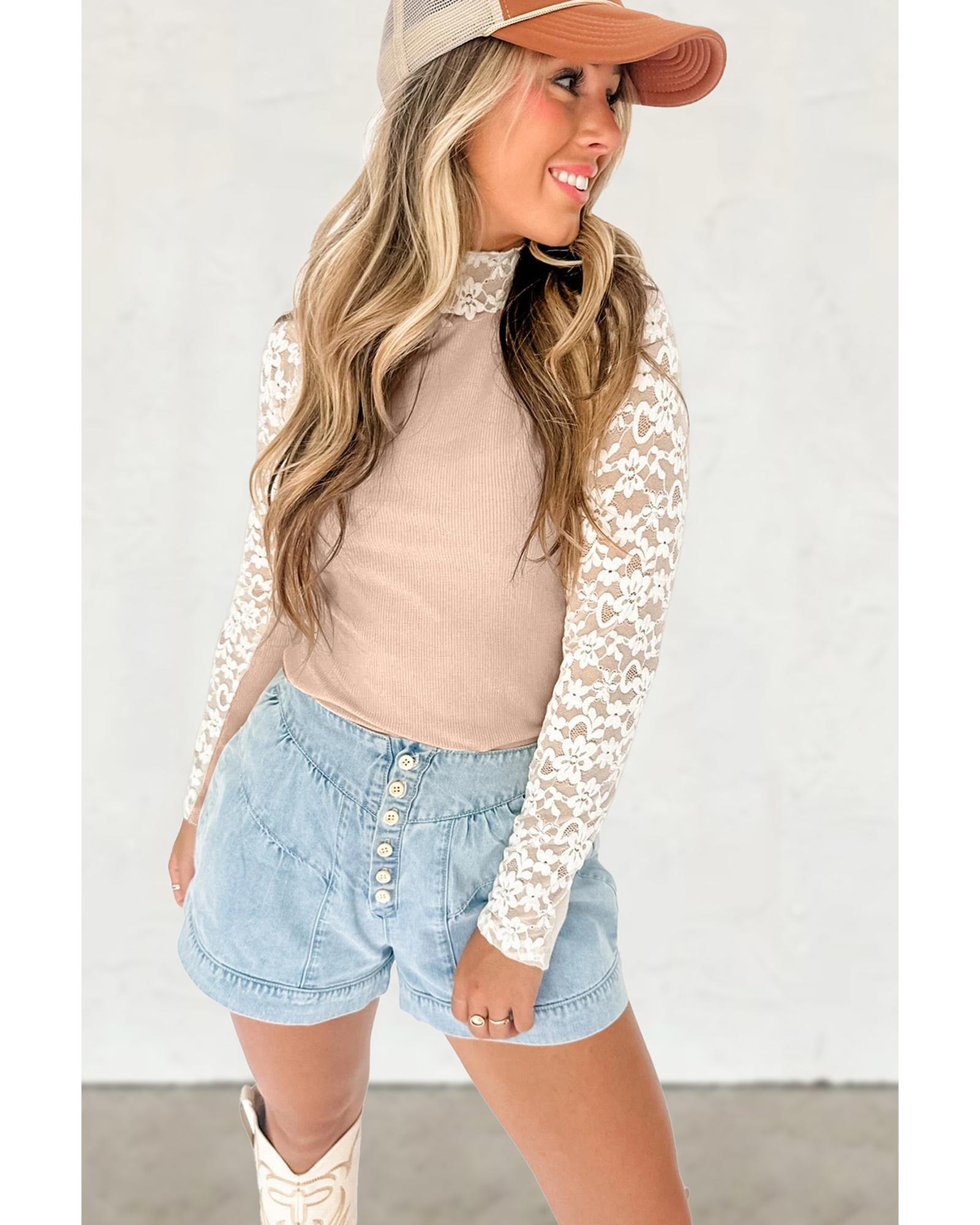 V539-AZEXDC25226767-P7016-M-202508270355-00 Smoke Gray Floral Lace Patchwork Long Sleeve High Neck Slim Top - M - Image 1