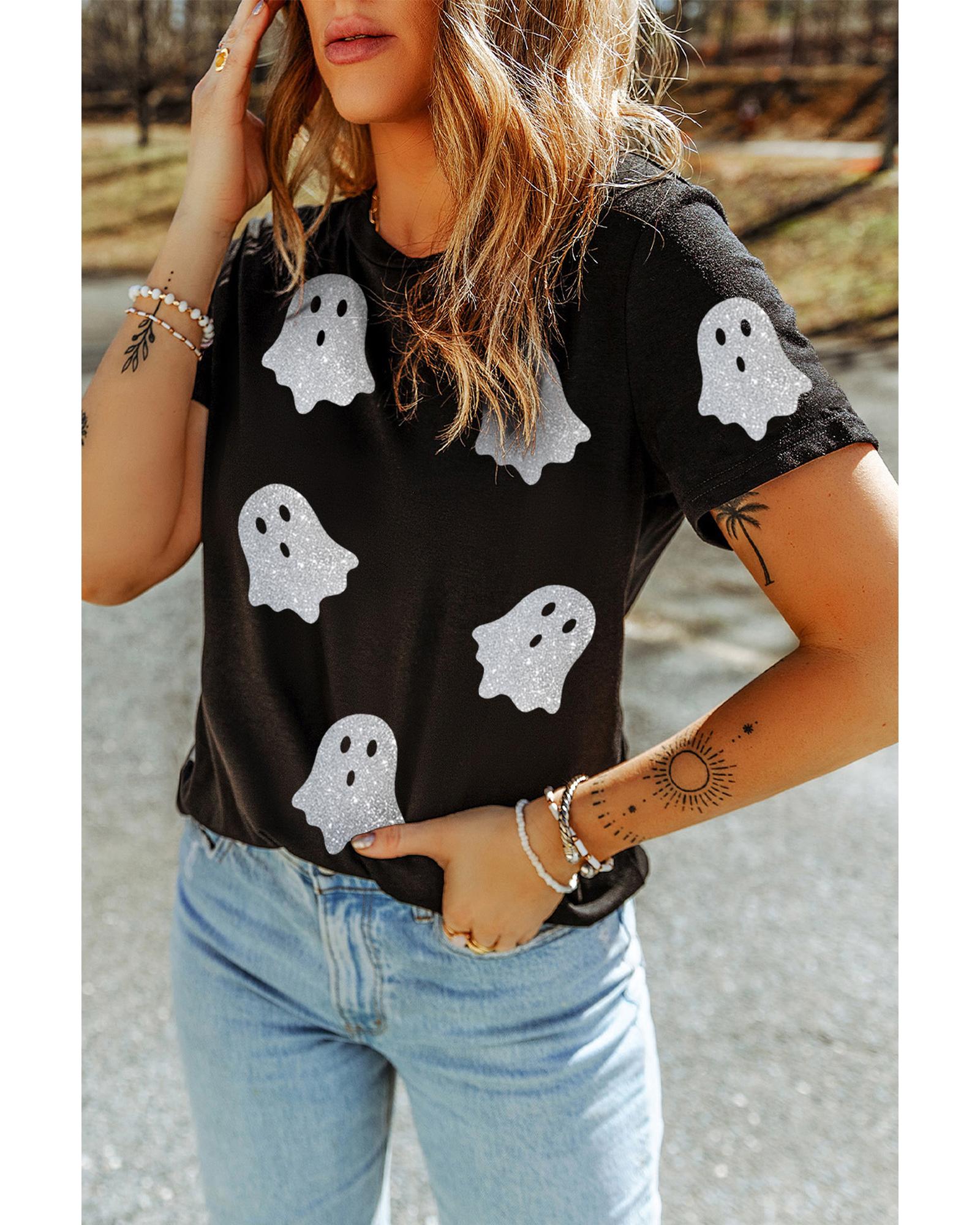V539-AZEXDC25226779-2-M-202508271455-00 Black Glitter Ghost Pattern Crew Neck Halloween T Shirt - M - Image 1