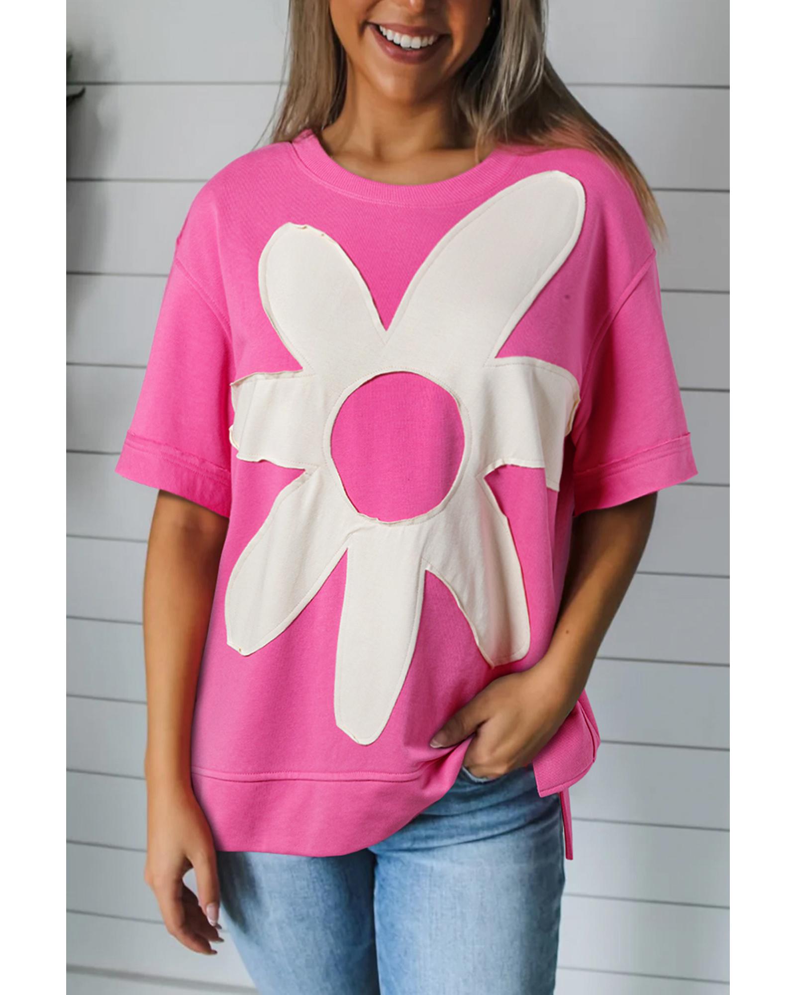 V539-AZEXDC25226781-P406-XL-202508272325-00 Sachet Pink Contrast Flower Drop Shoulder Loose T Shirt - XL - Image 1