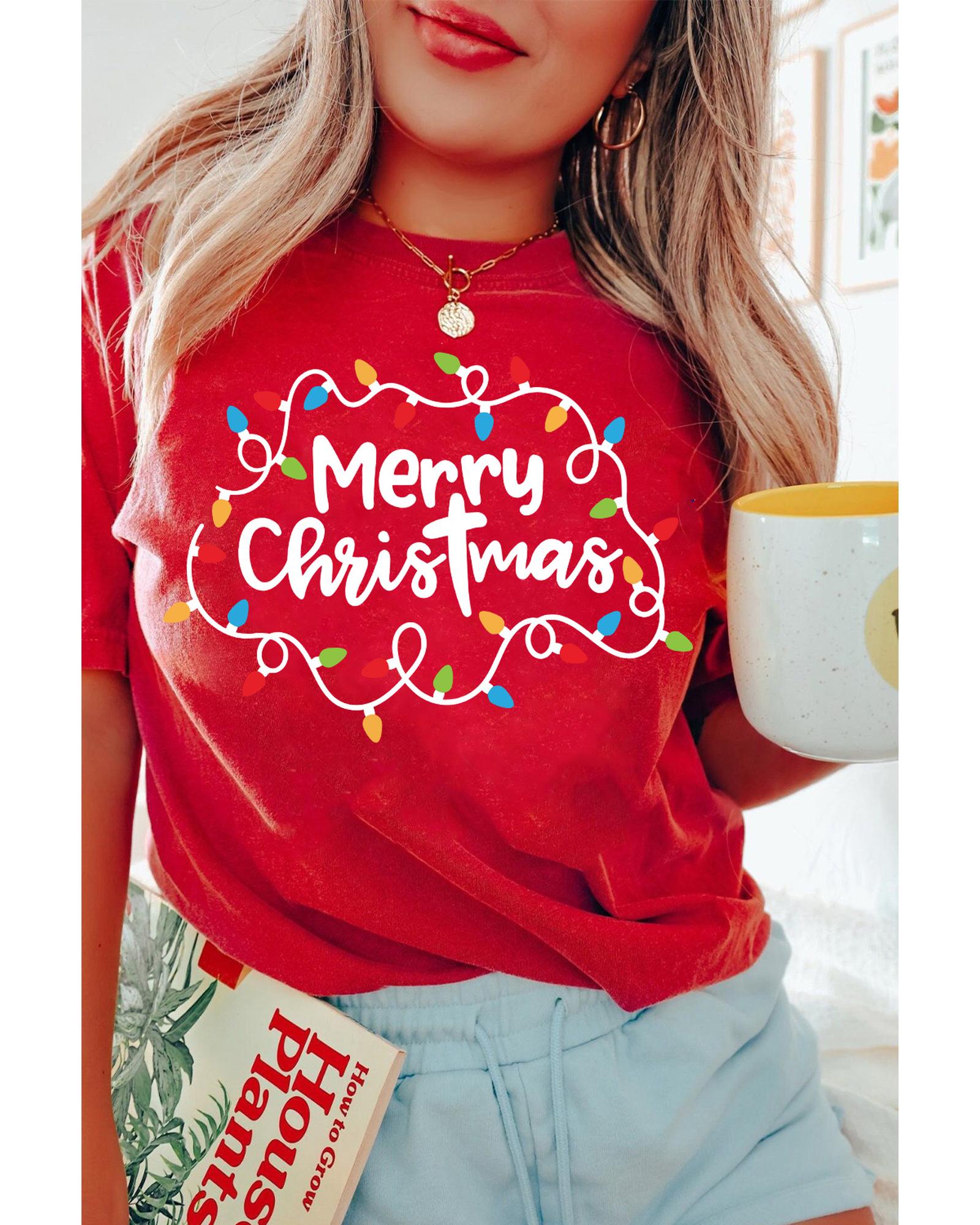 V539-AZEXDC25226782-103-2XL-202508270100-00 Red Merry Christmas Lights Print Crew Neck T Shirt - 2XL - Image 1