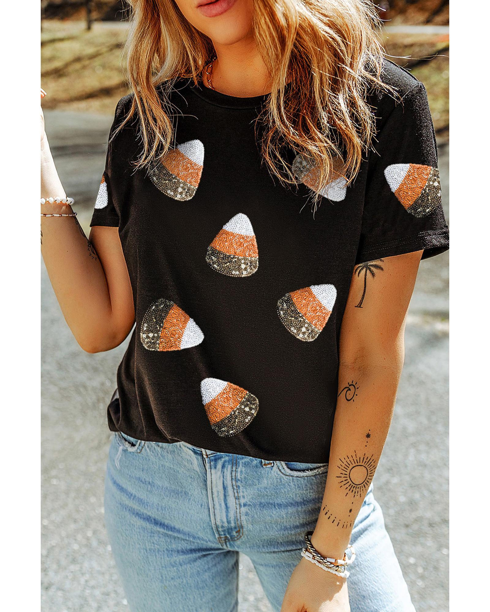 V539-AZEXDC25226783-2-S-202506122015-00 Black Sequin Triangle Patched Pattern Halloween T Shirt - S - Image 1