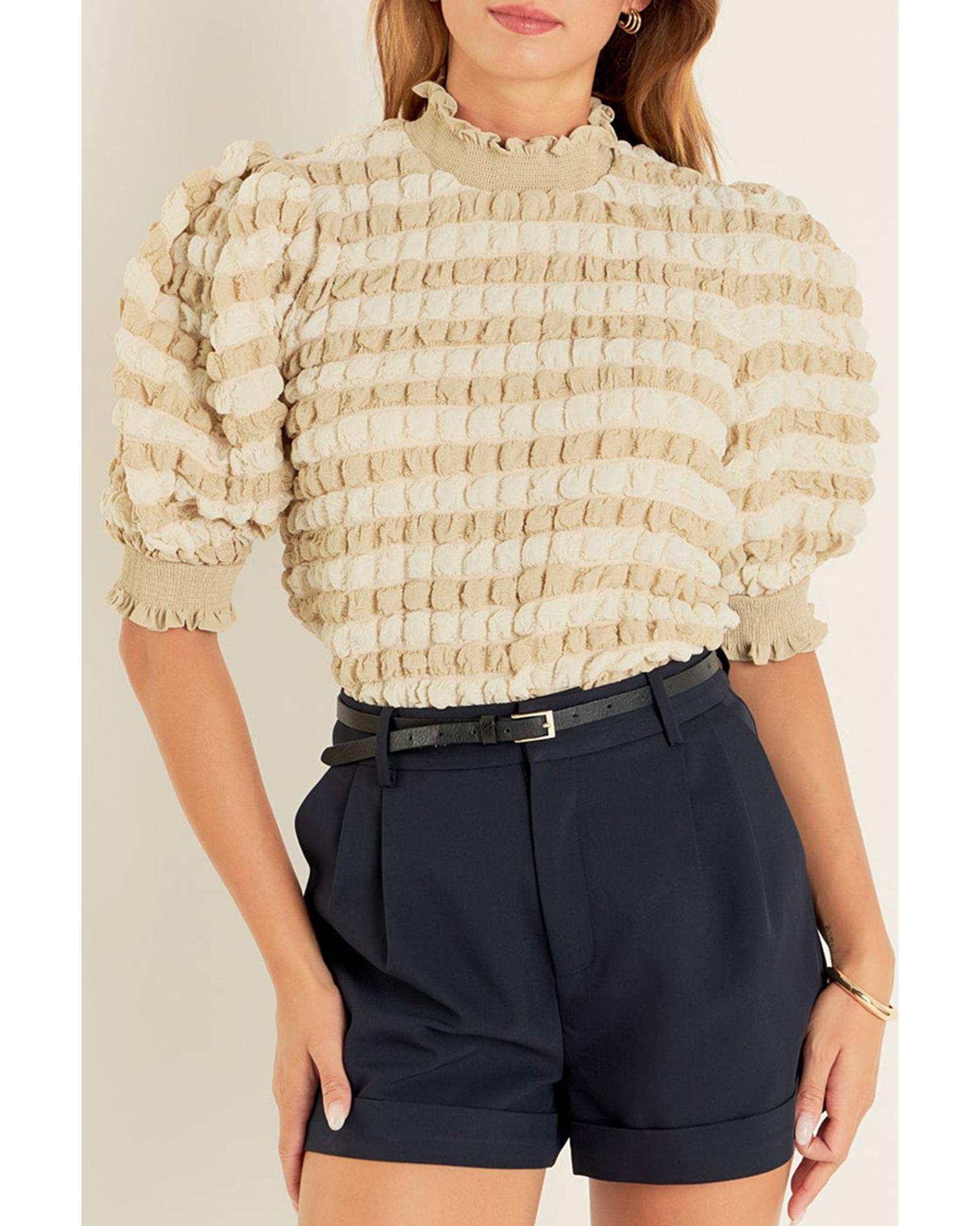 V539-AZEXDC25226803-P15-M-202508281510-00 Beige Textured Mock Neck Short Sleeve Blouse - M - Image 1
