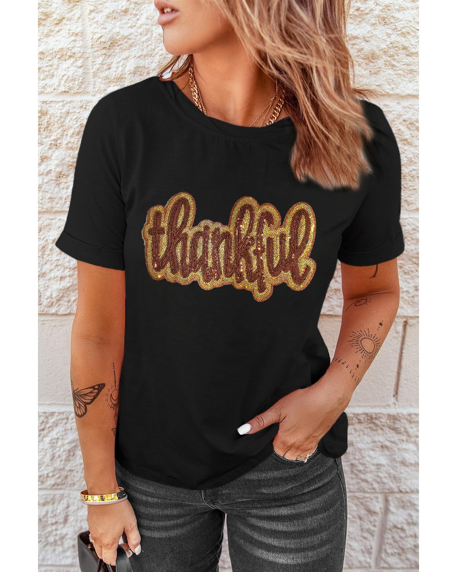 V539-AZEXDC25226827-2-L-202508292300-00 Black Sequined Thankful Round Neck Graphic Tee - L - Image 1