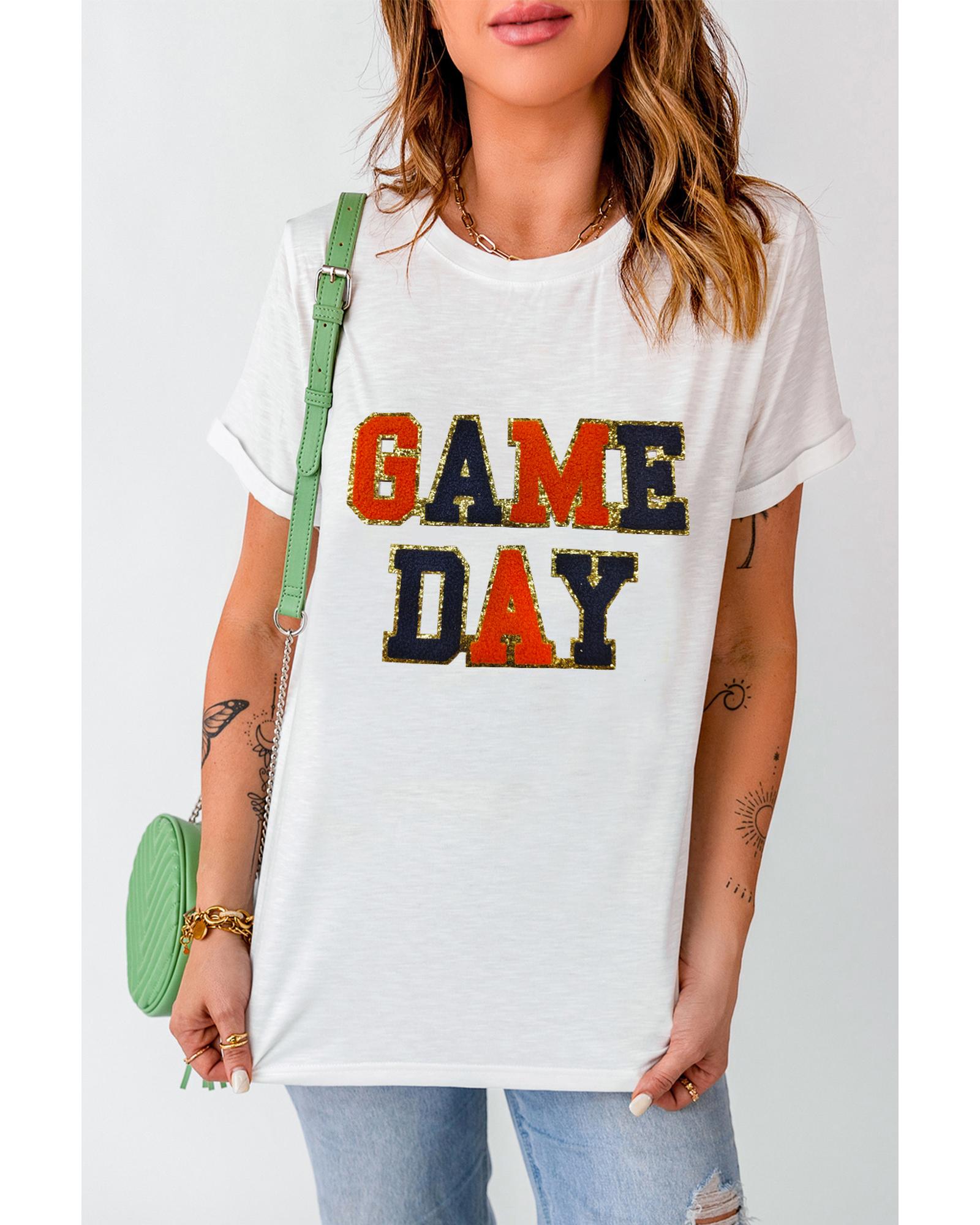 V539-AZEXDC25226828-1-XL-202508280945-00 White Glitter GAME DAY Rugby Football Season Round Neck T Shirt - XL - Image 1