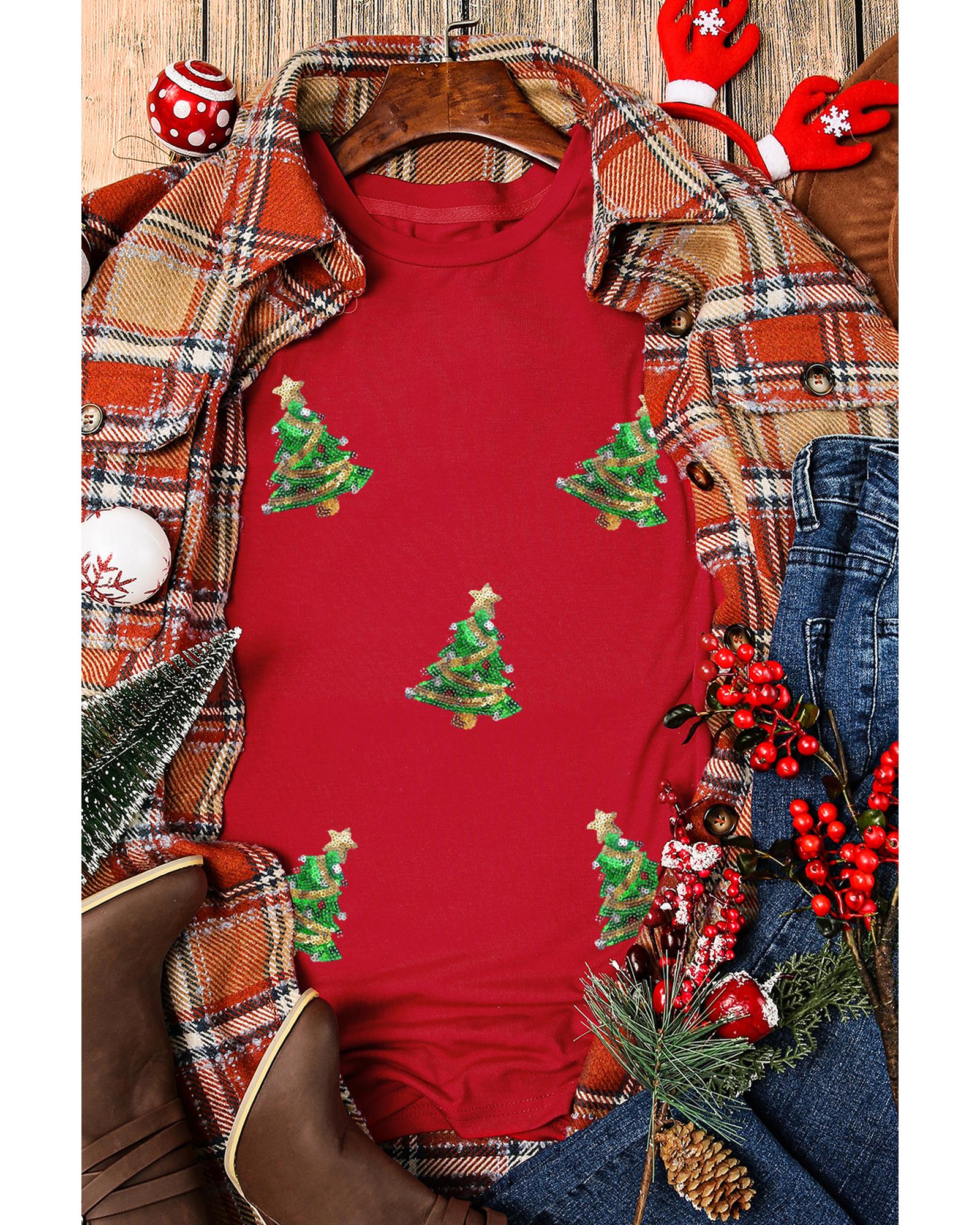 V539-AZEXDC25226863-103-L-202508280540-00 Red Sequined Christmas Tree Graphic Crewneck T Shirt - L - Image 1