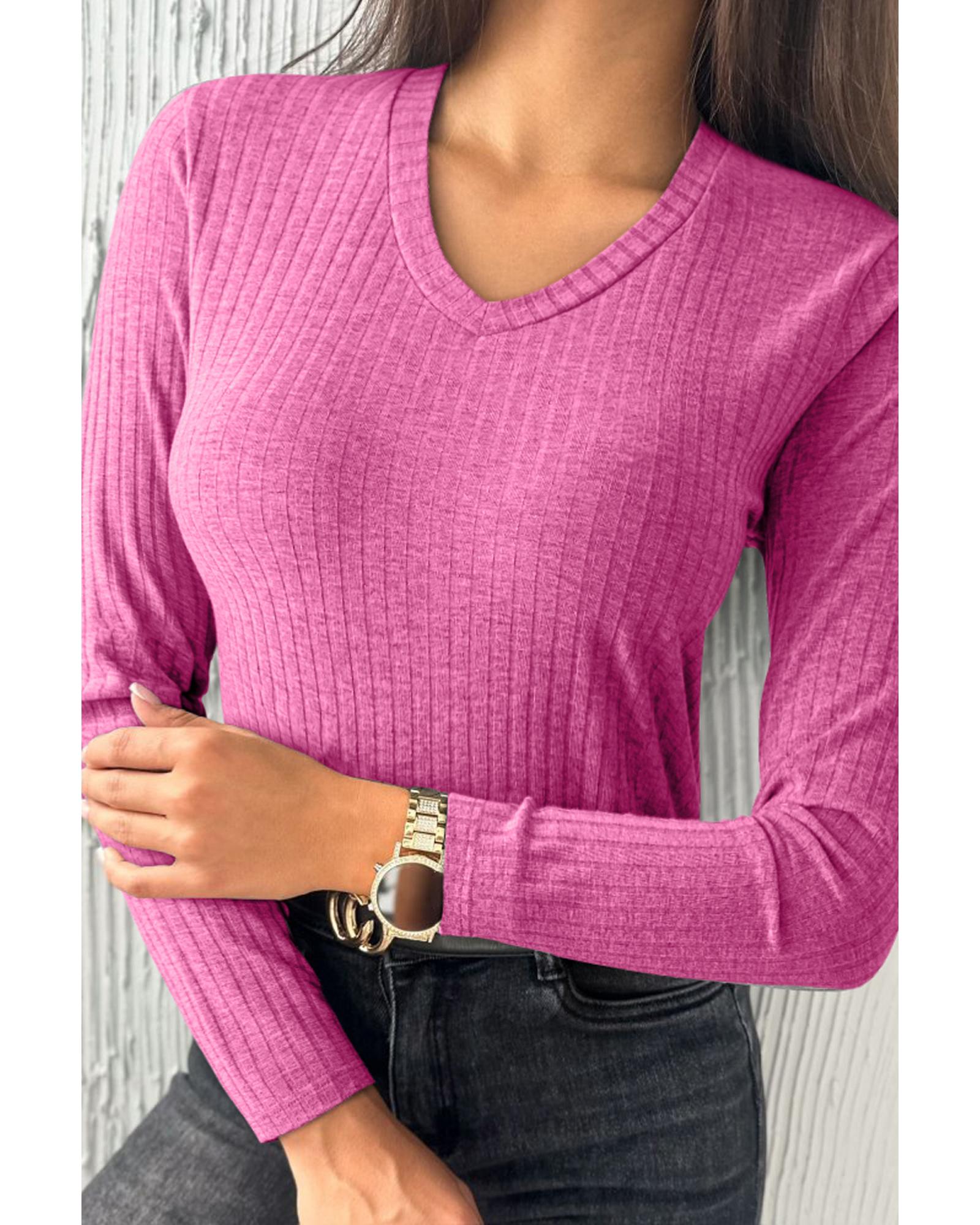 V539-AZEXDC25226886-P306-M-202508282005-00 Strawberry Pink Ribbed Knit V Neck Long Sleeve Slim Fit Top - M - Image 1