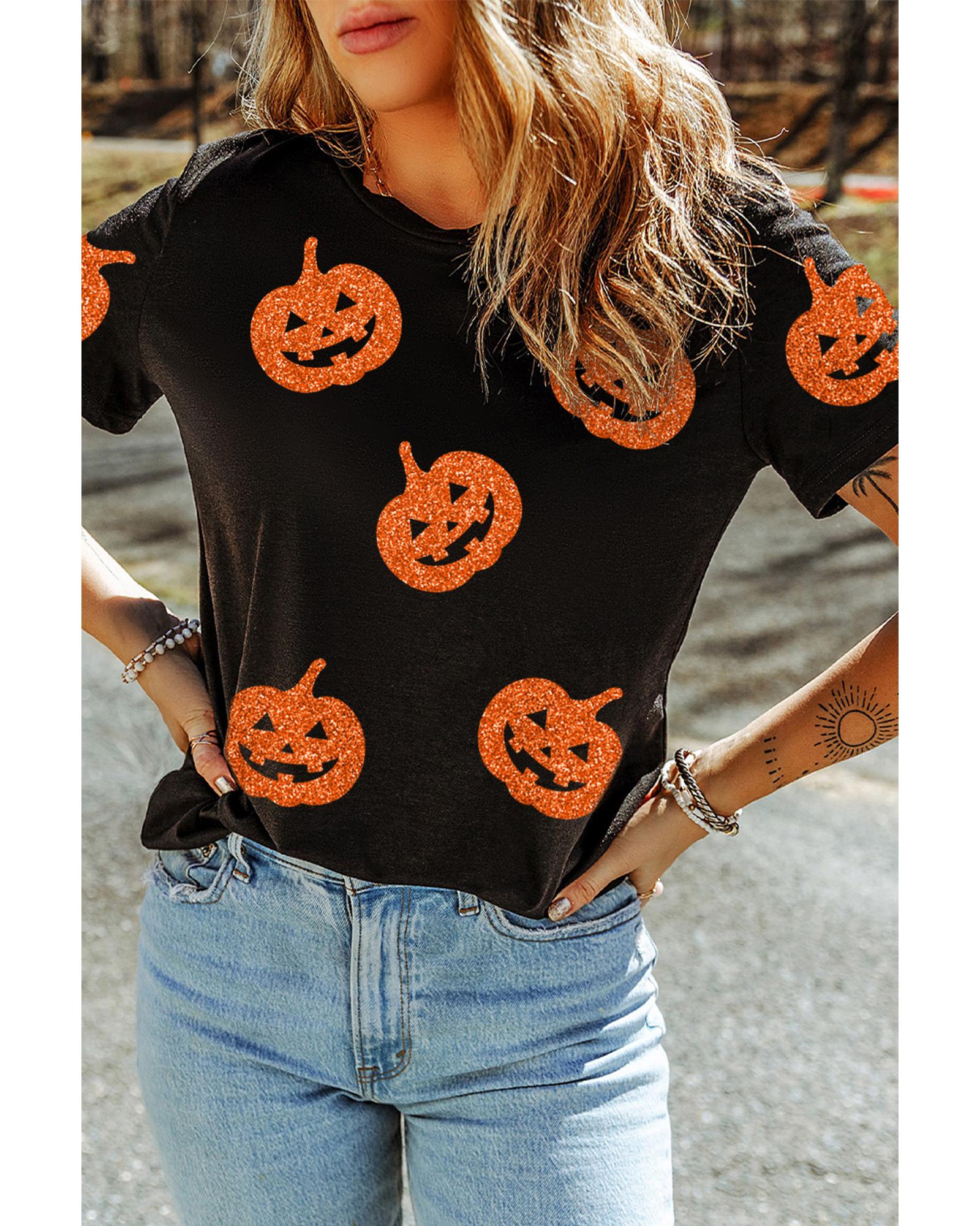 V539-AZEXDC25226900-2-S-202506121620-00 Black Glittering Pumpkin Face Graphic Crewneck Halloween T Shirt - S - Image 1