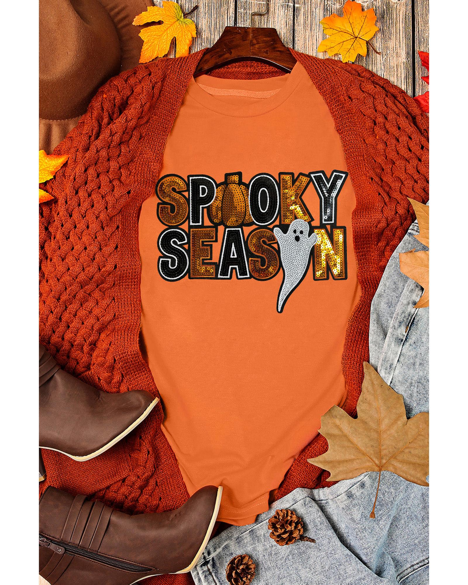 V539-AZEXDC25226921-14-3XL-202508300415-00 Orange Sequin SPOOKY SEASON Ghost Pattern Halloween T Shirt - 3XL - Image 1