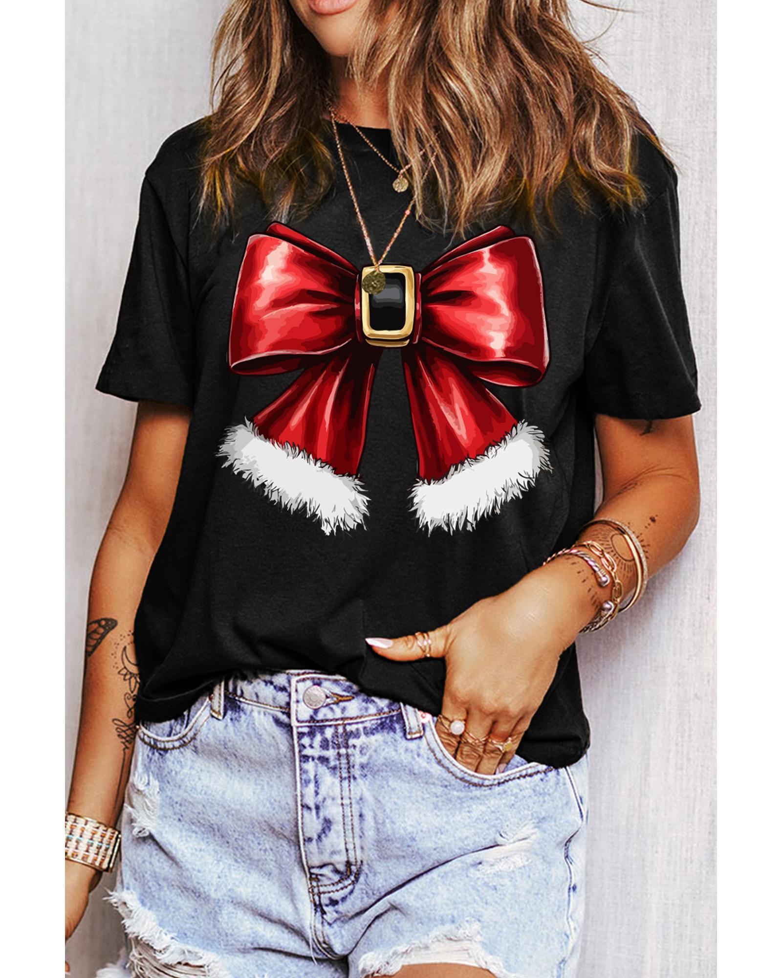 V539-AZEXDC25226942-2-L-202508291850-00 Black Christmas Big Bowknot Graphic Crewneck T Shirt - L - Image 1