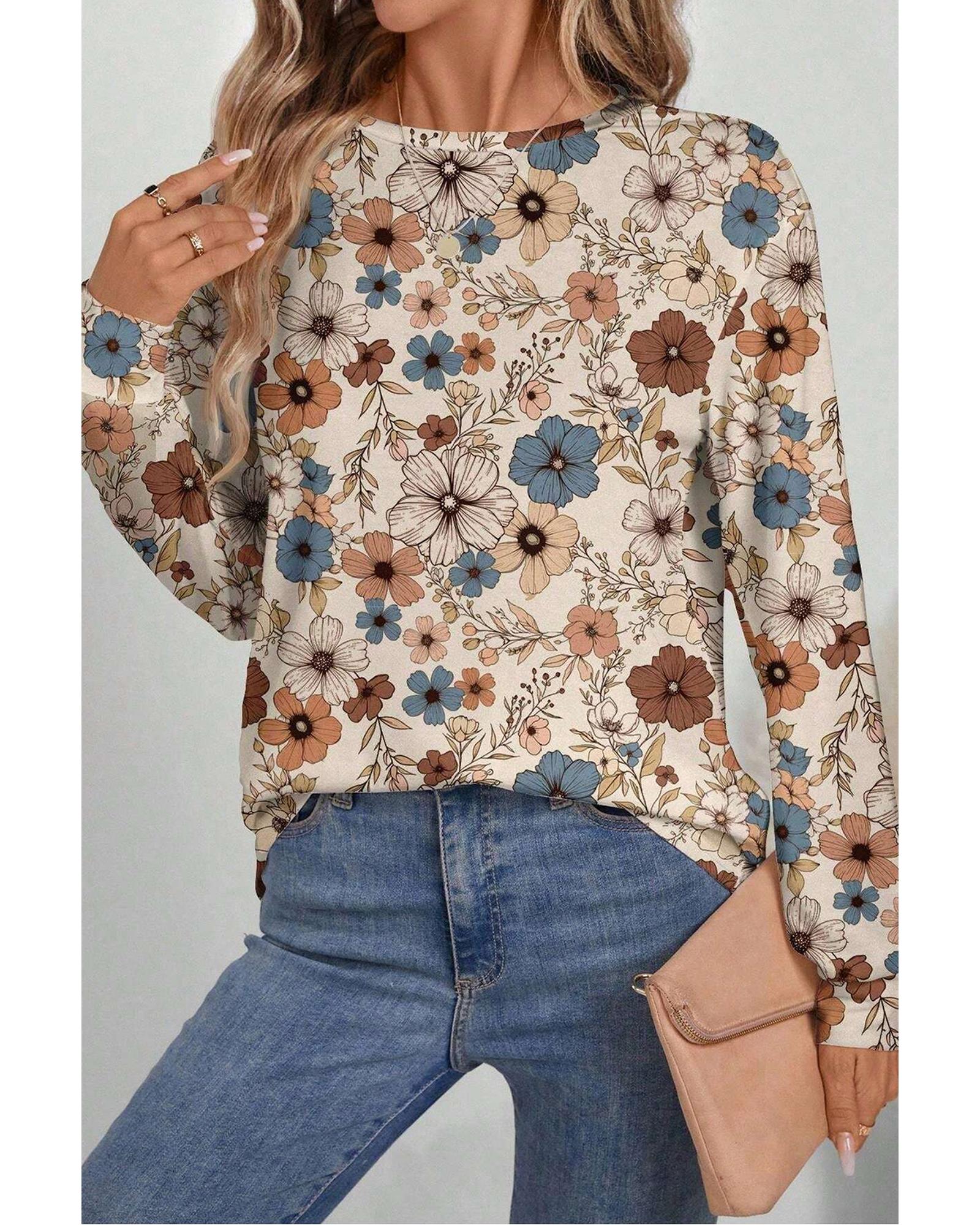 V539-AZEXDC25227003-P1620-S-202506121805-00 Khaki Floral Print Loose Crew Neck Long Sleeve T Shirt - S - Image 1