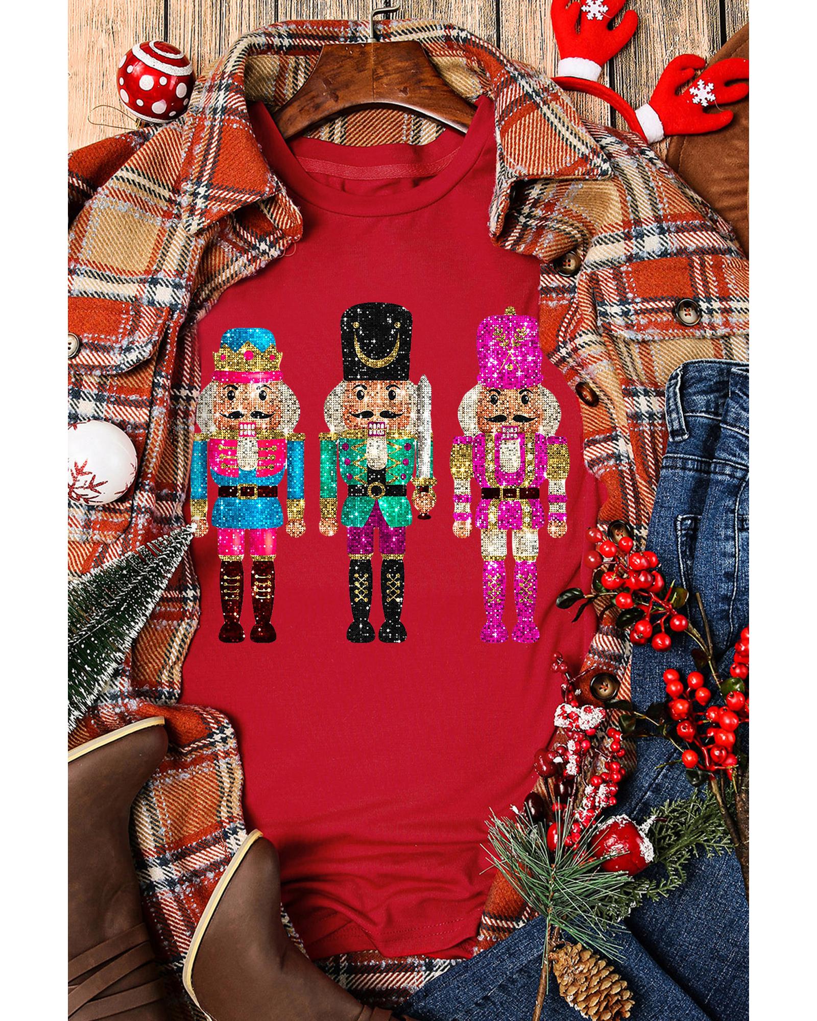 V539-AZEXDC25227040-103-S-202506121831-00 Red Nutcracker Printed Crewneck T Shirt - S - Image 1