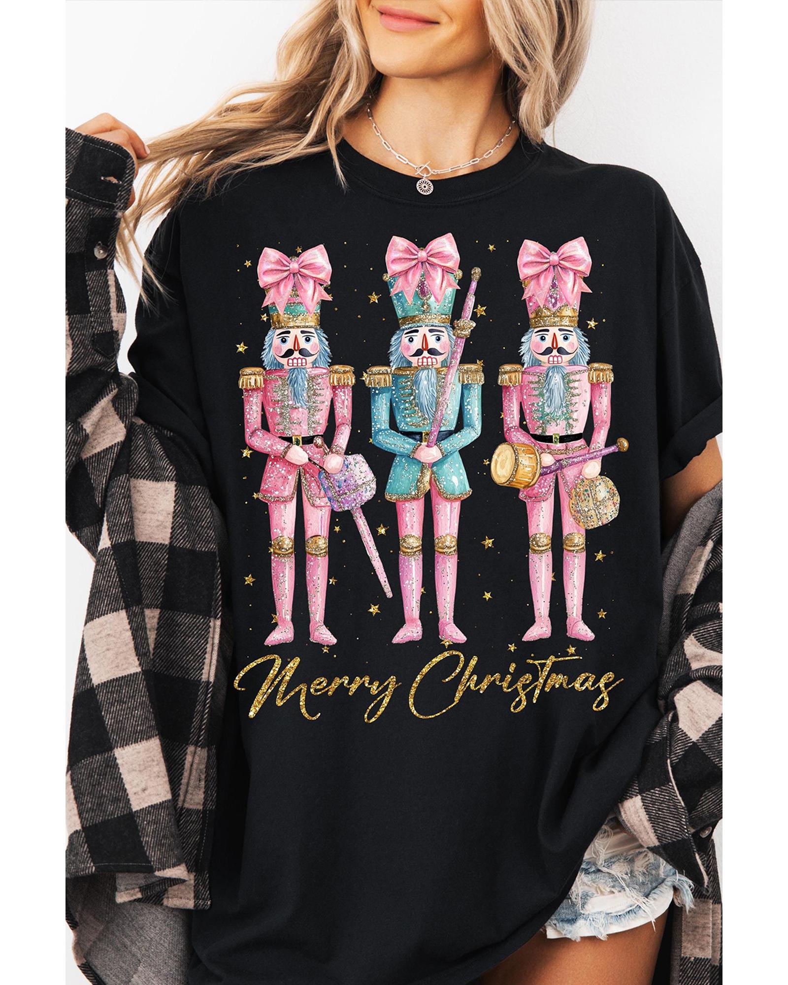 V539-AZEXDC25227042-2-L-202508271006-00 Black Nutcracker Merry Christmas Printed Crewneck T Shirt - L - Image 1