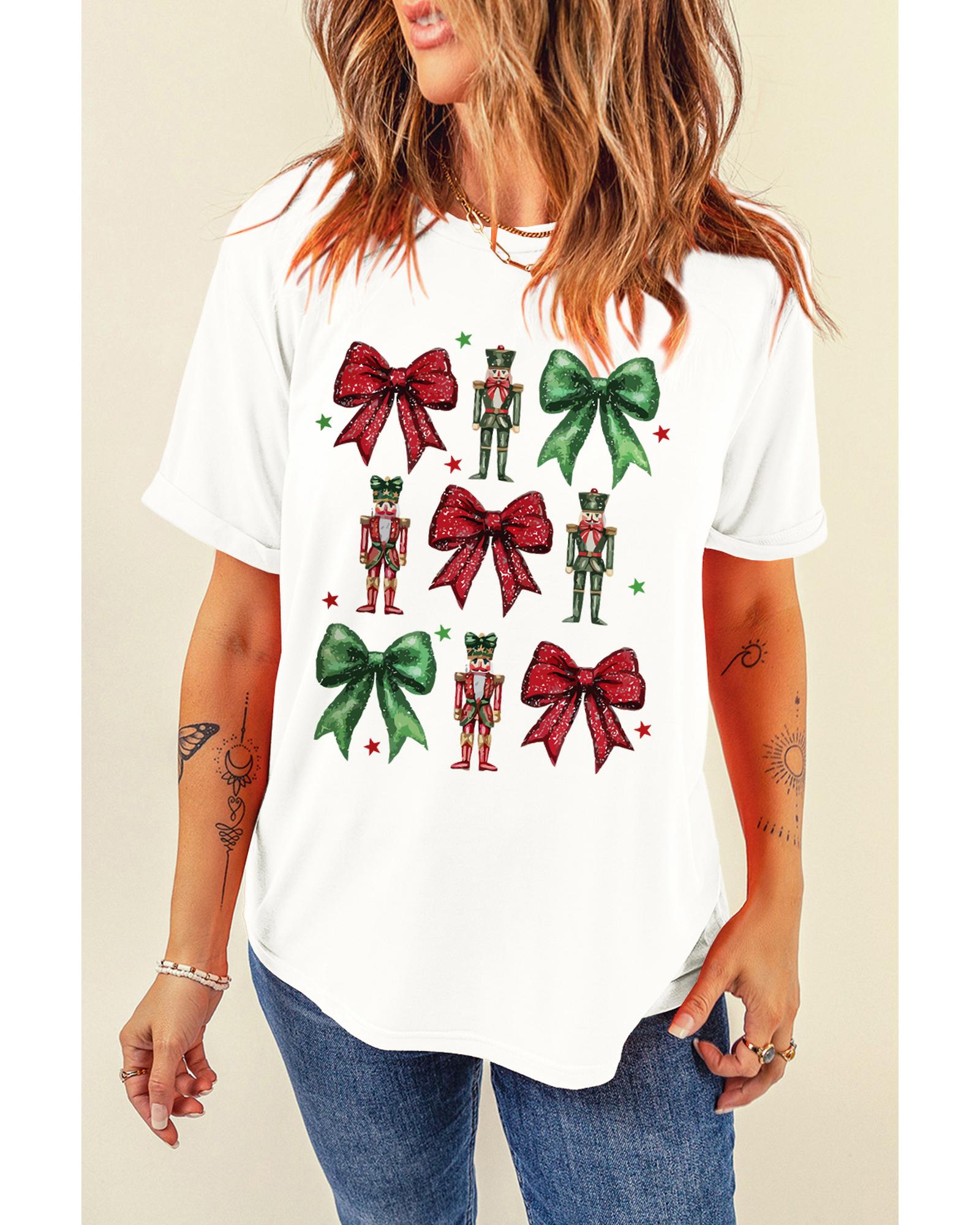 V539-AZEXDC25227048-1-3XL-202508270320-00 White Bowknot Nutcracker Printed Crewneck Christmas T Shirt - 3XL - Image 1
