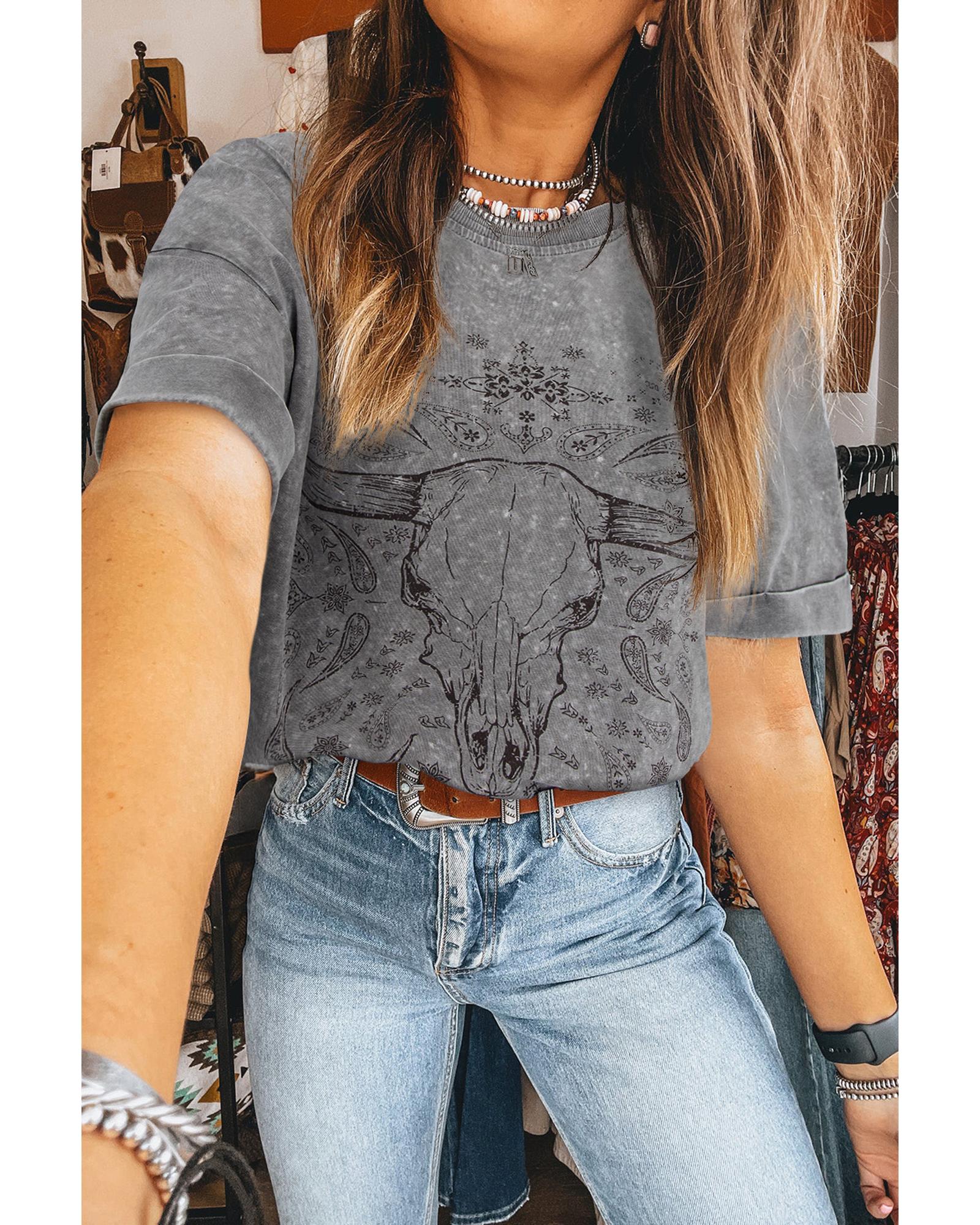 V539-AZEXDC25227075-P1011-S-202506121907-00 Light Grey Western Steer Head Tie Dye Print Crew Neck T Shirt - S - Image 1