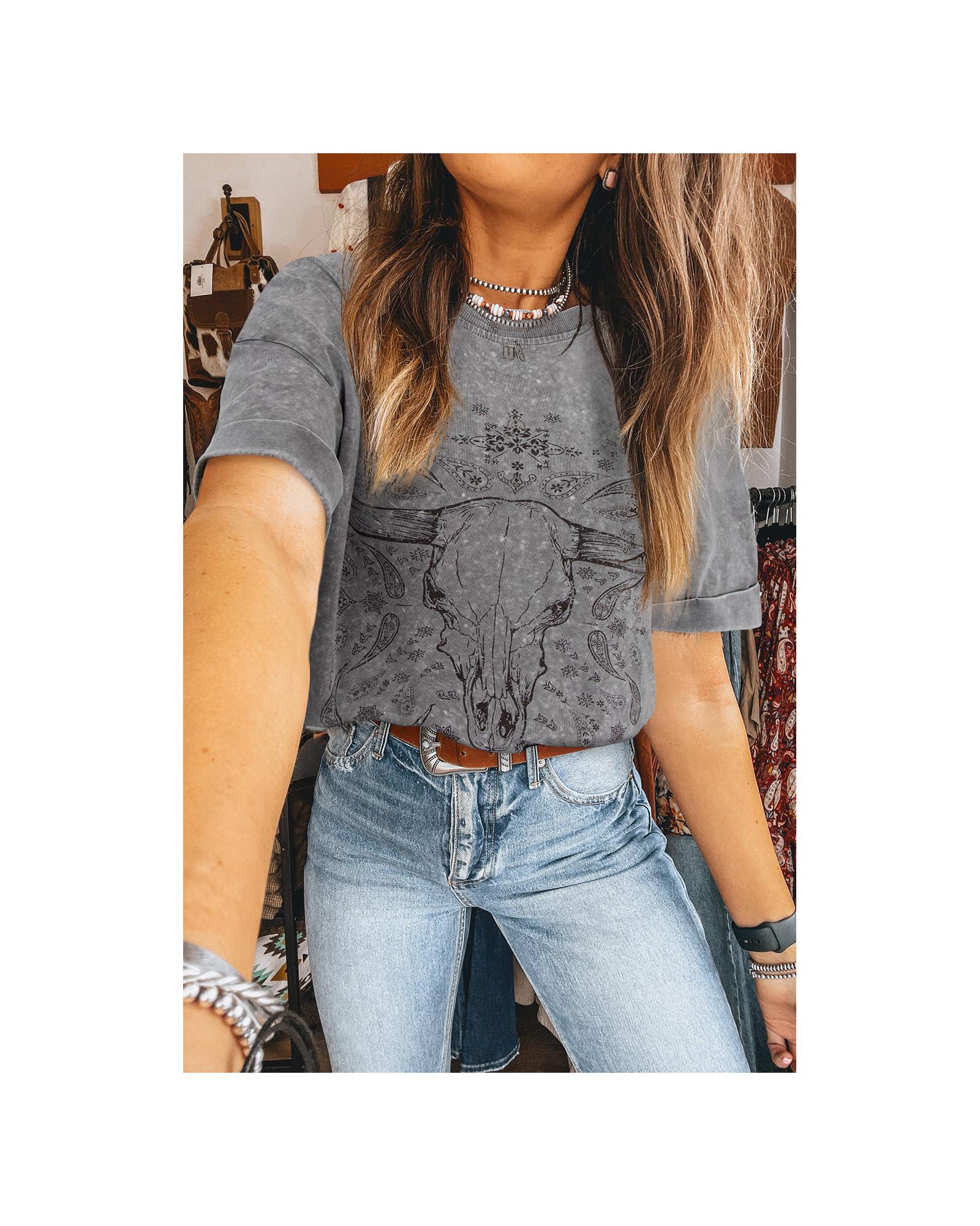V539-AZEXDC25227075-P1011-XL-202508272000-00 Light Grey Western Steer Head Tie Dye Print Crew Neck T Shirt - XL - Image 1