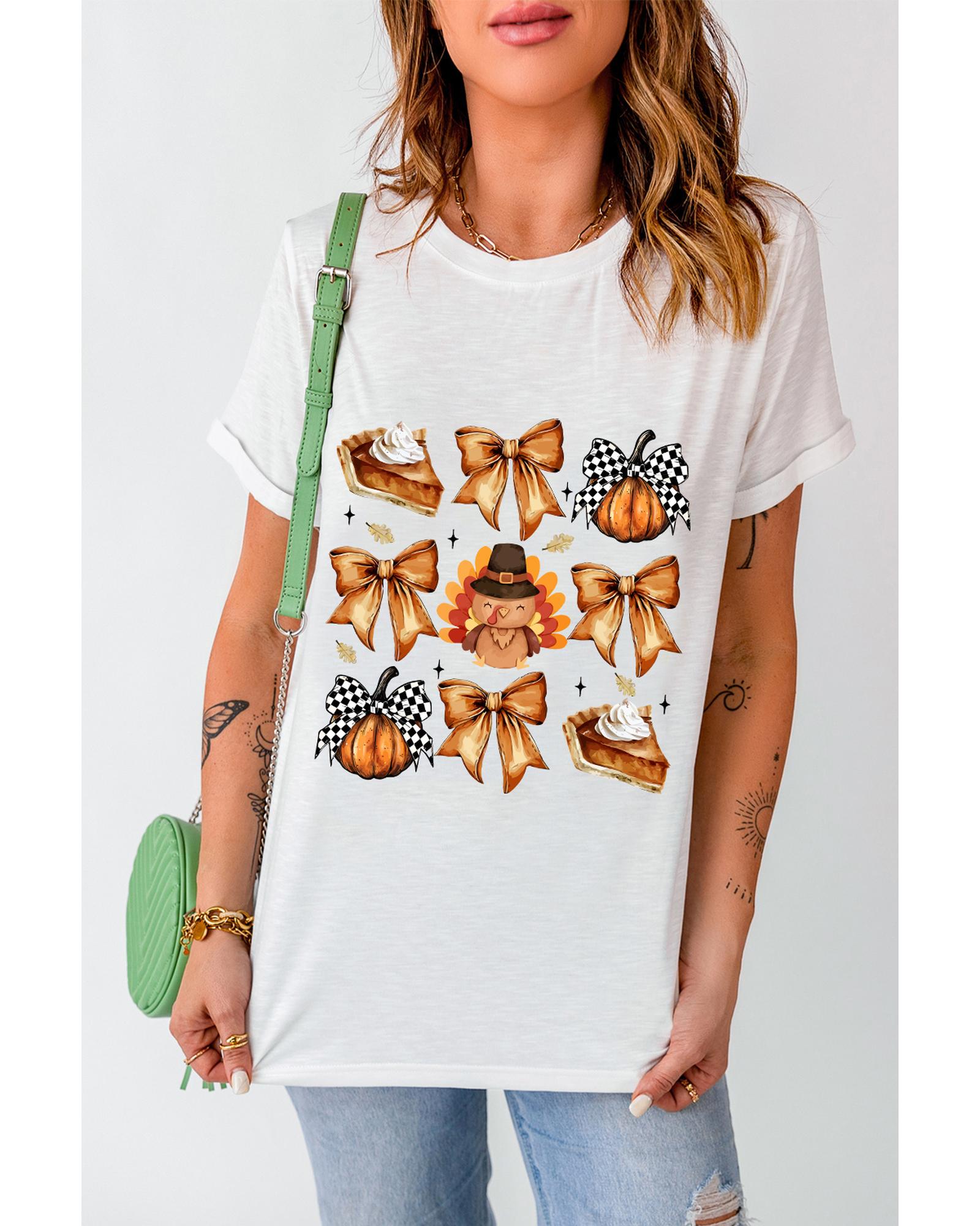 V539-AZEXDC25227166-1-XL-202506121936-00 White Cute Bowknot Tanksgiving Graphic Crewneck T Shirt - XL - Image 1
