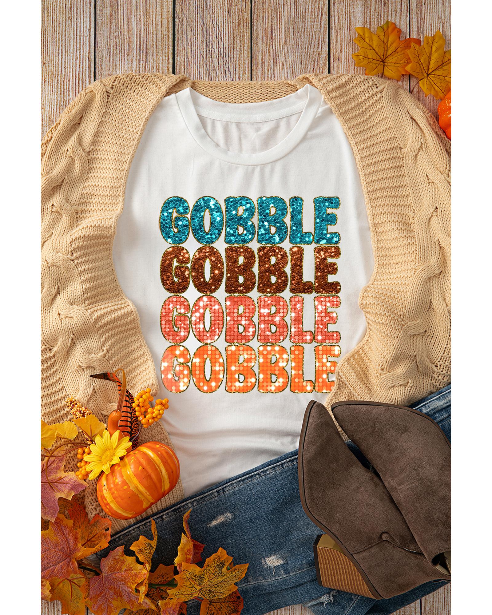 V539-AZEXDC25227175-1-M-202508282325-00 White Heat Transfer GOBBLE Graphic Crewneck Thanksgiving T Shirt - M - Image 1