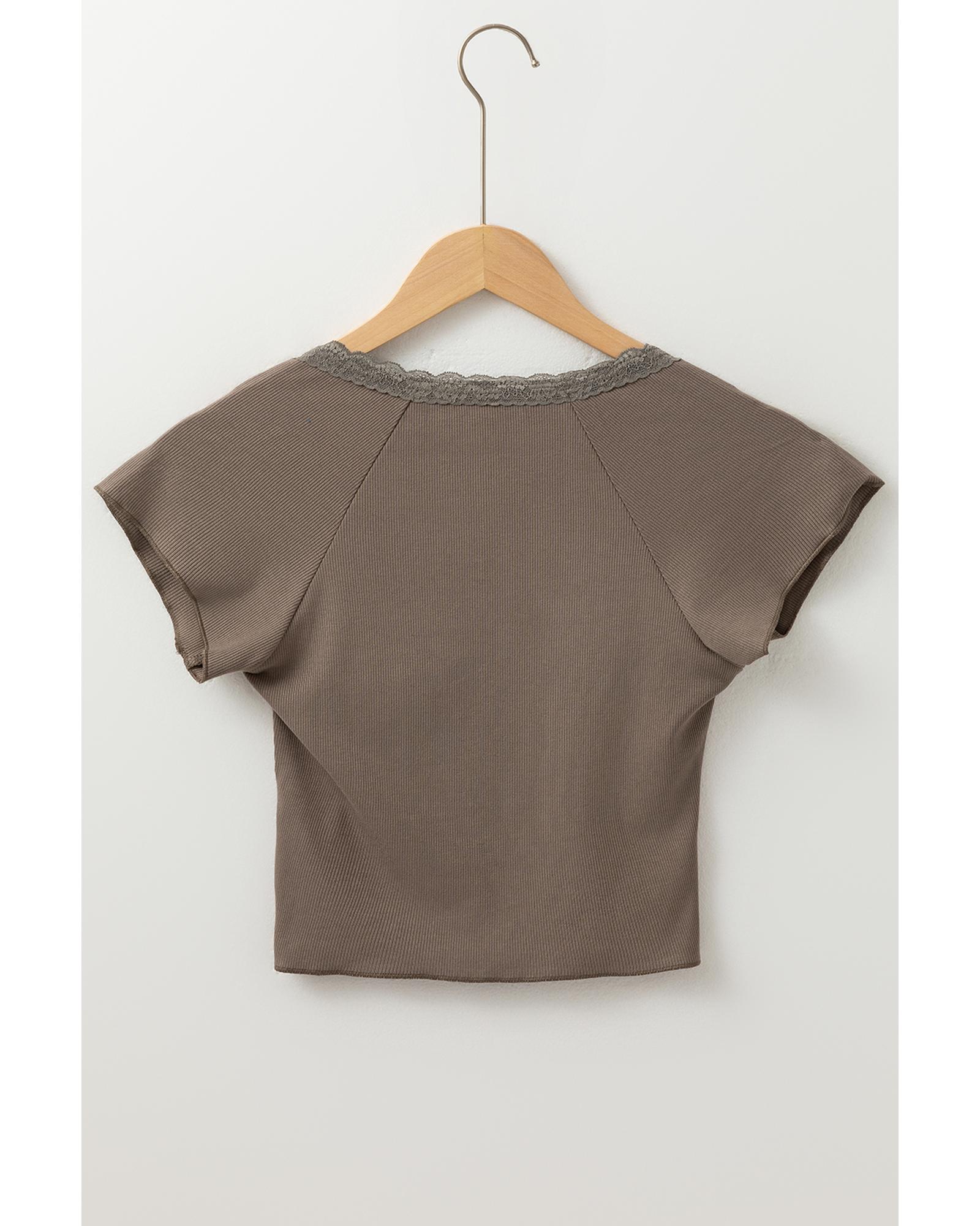 V539-AZEXDC25227195-P5017-S-202506121953-00 Dark Brown Lace Splicing Criss Cross Slim Fit V Neck T Shirt - S - Image 1