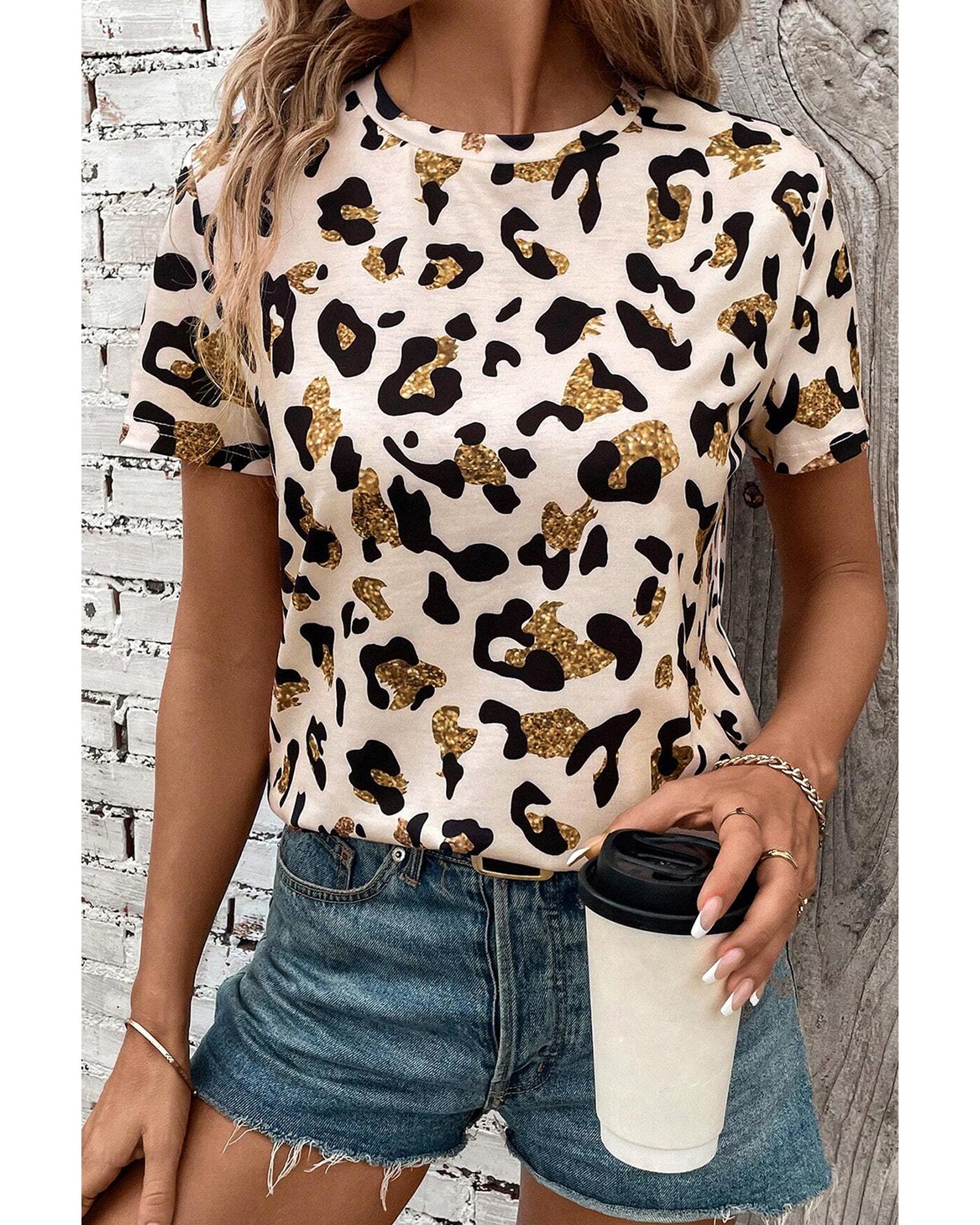 V539-AZEXDC25227199-P1820-XL-202508280435-00 Apricot Leopard Print Round Neck Casual T Shirt - XL - Image 1
