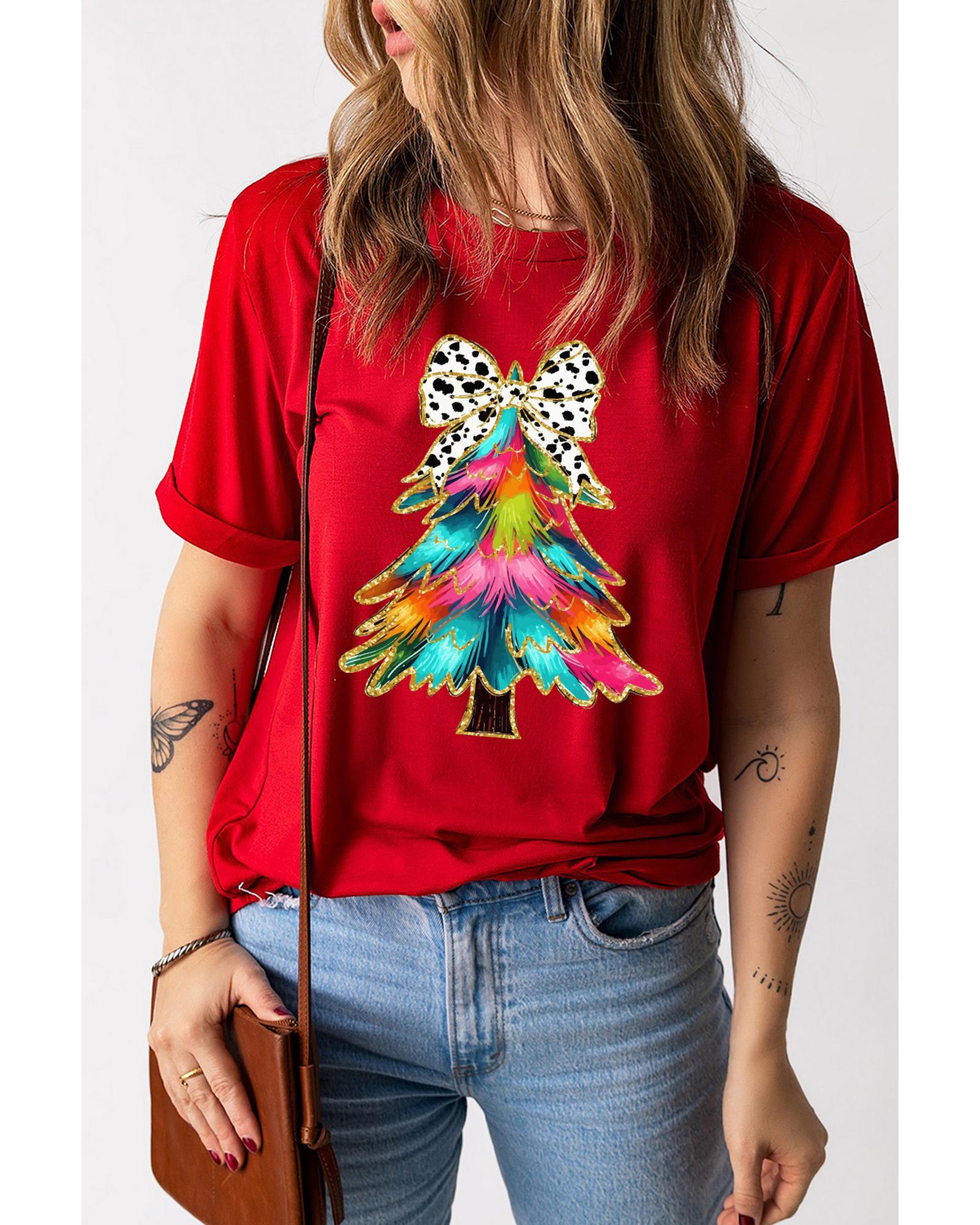V539-AZEXDC25227210-103-XL-202508281350-00 Red Bow Decor Christmas Tree Graphic Holiday T Shirt - XL - Image 1