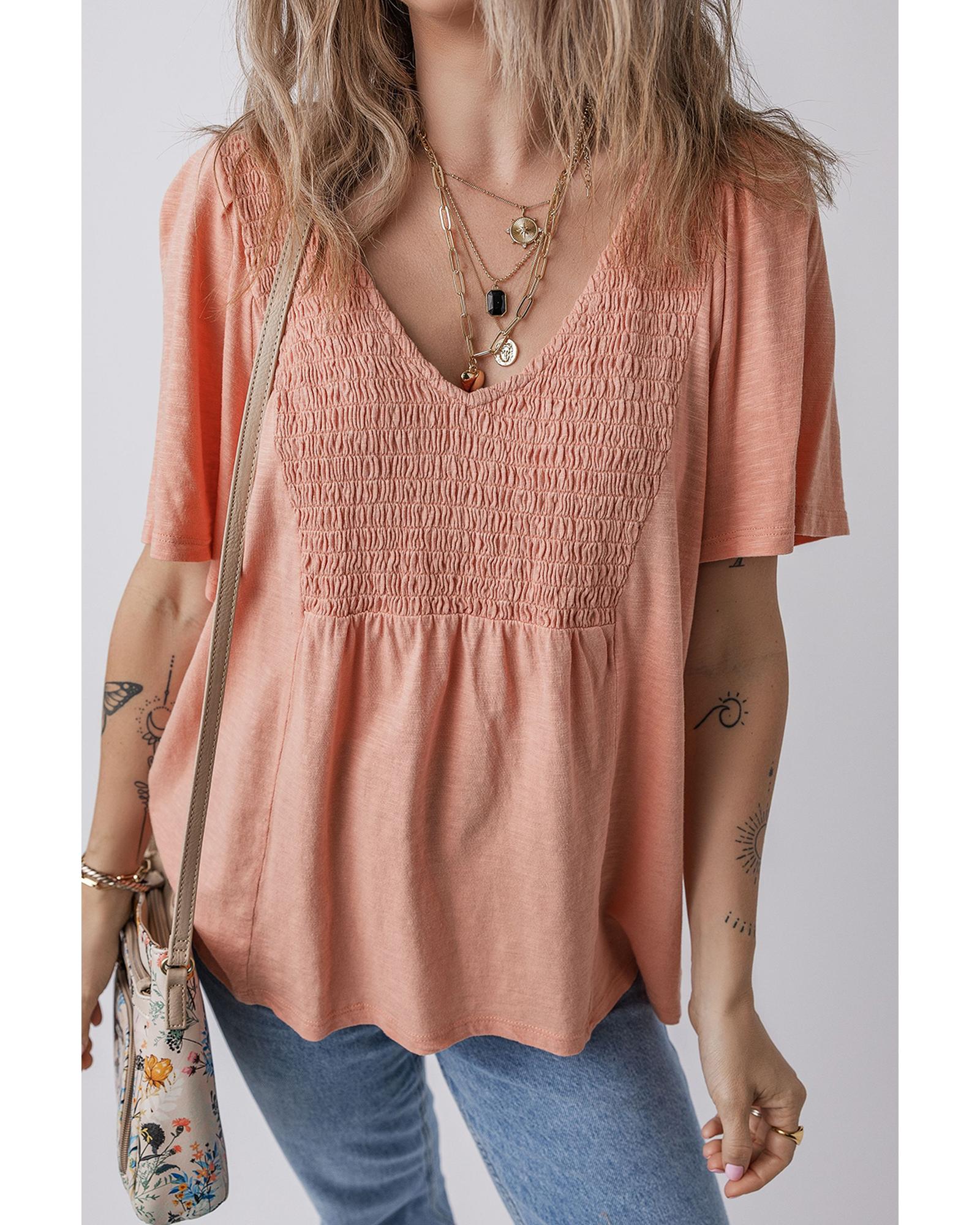 V539-AZEXDC25227260-P1410-L-202508281830-00 Fushia Smocked Front V Neck Pleated Babydoll Short Sleeve Top - L - Image 1