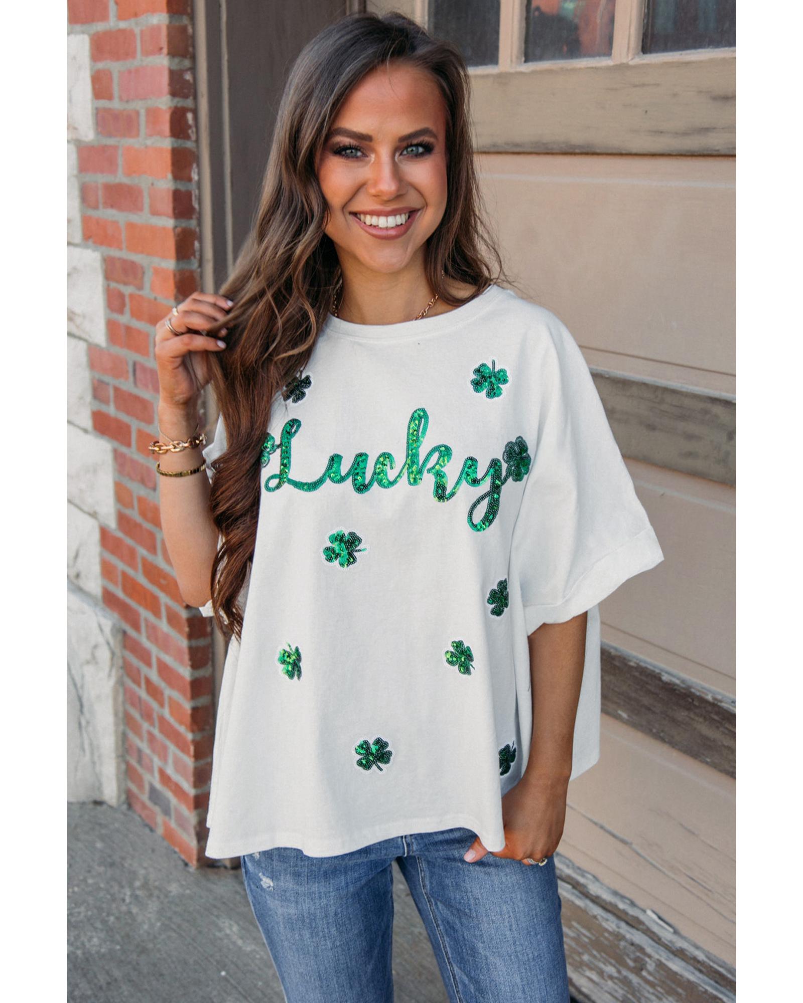 V539-AZEXDC25227269-P1-L-202508291610-00 White St Patrick Lucky Clover Sequin Graphic T Shirt - L - Image 1
