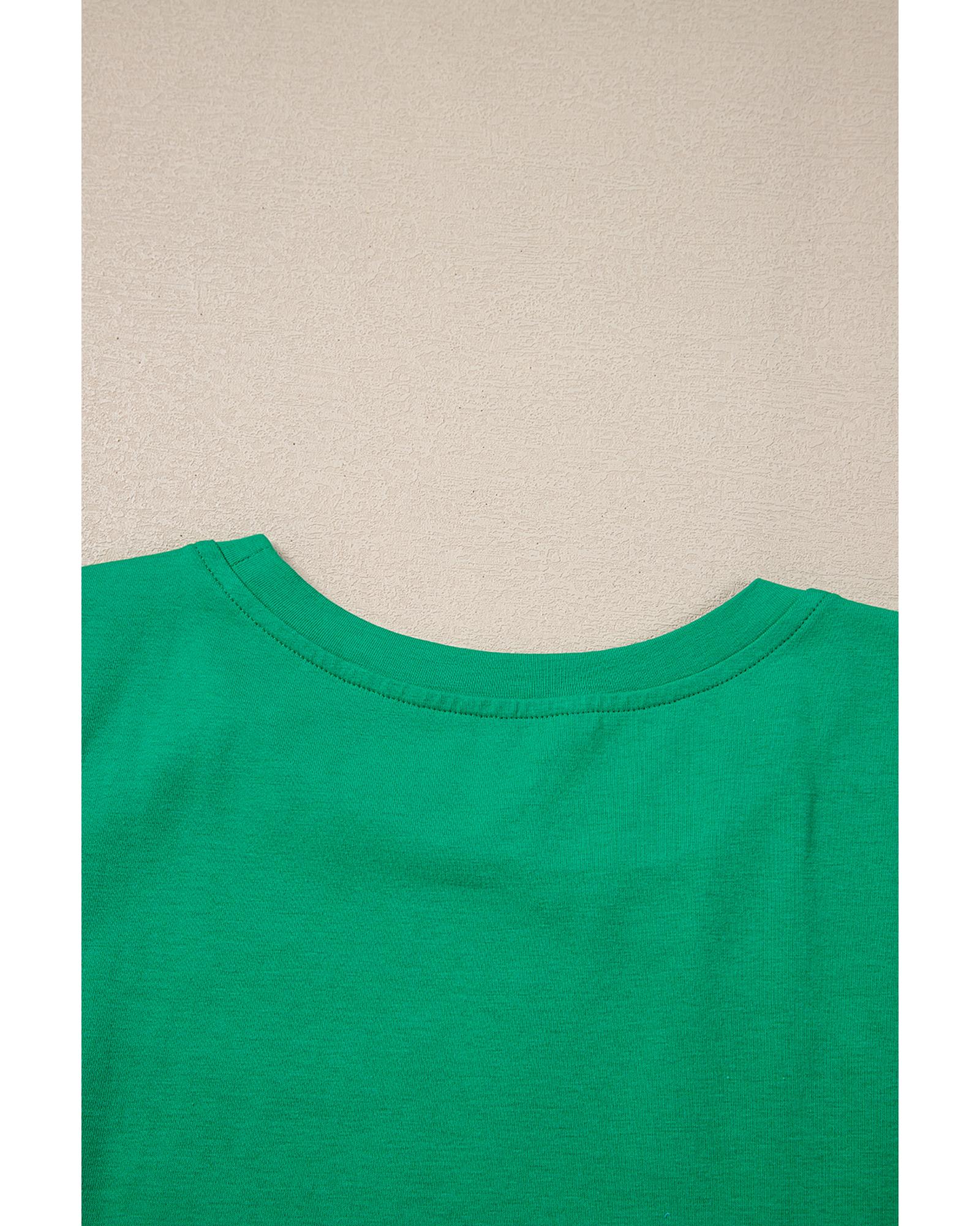 V539-AZEXDC25227275-P209-S-202508280405-00 Dark Green Embroidered Ruffled Sleeve Slim Fit Crew Neck Top - S - Image 1