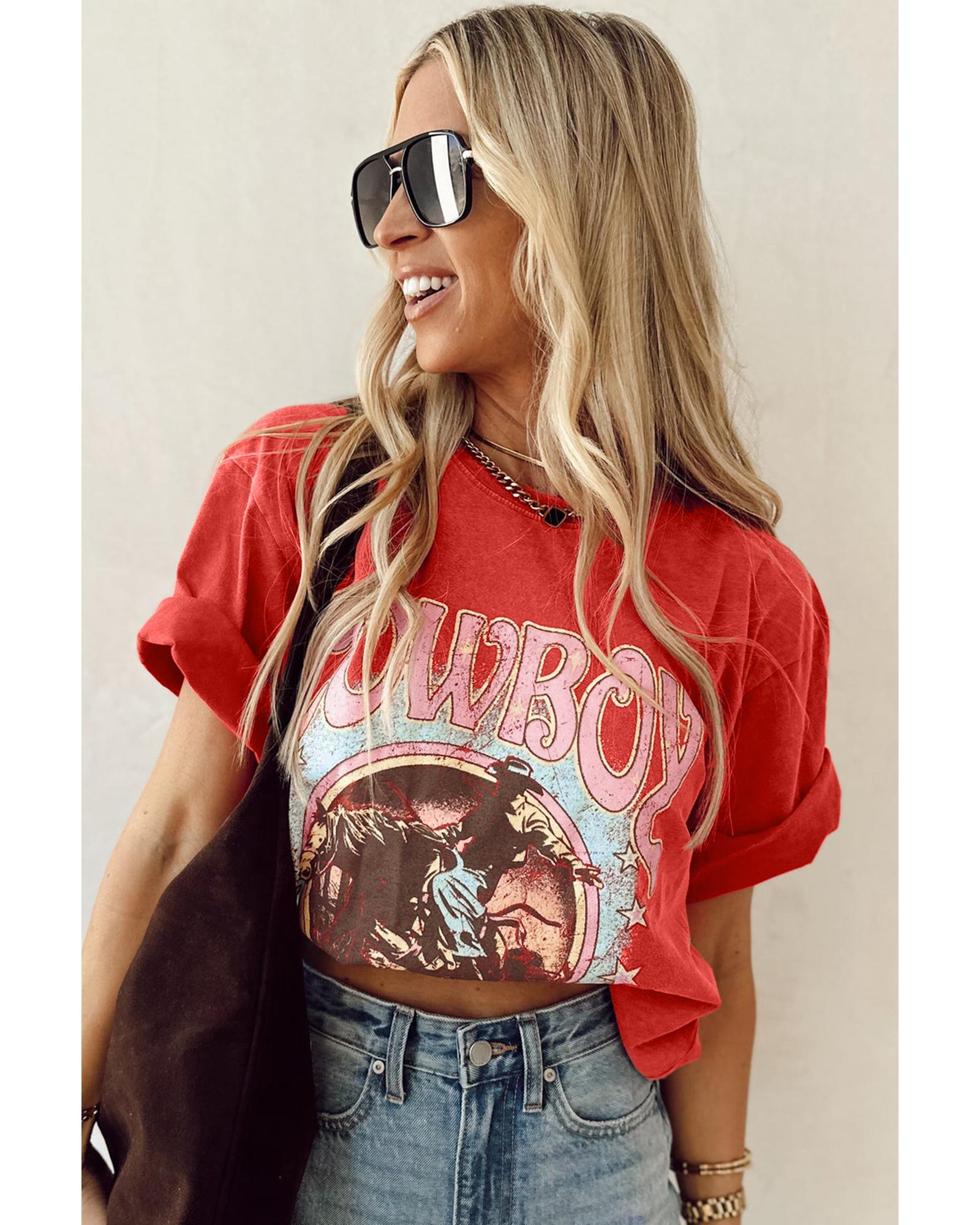 V539-AZEXDC25227506-P103-XL-202508270215-00 Tomato Red COWBOY Take Me Away Graphic Western Loose Tee - XL - Image 1