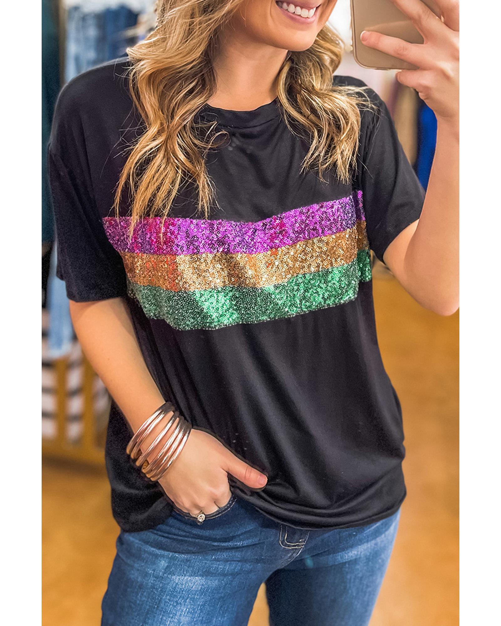 V539-AZEXDC25227549-P2-XL-202508270510-00 Black Sequin Stripes Patchwork Mardi Gras Crew Neck T Shirt - XL - Image 1